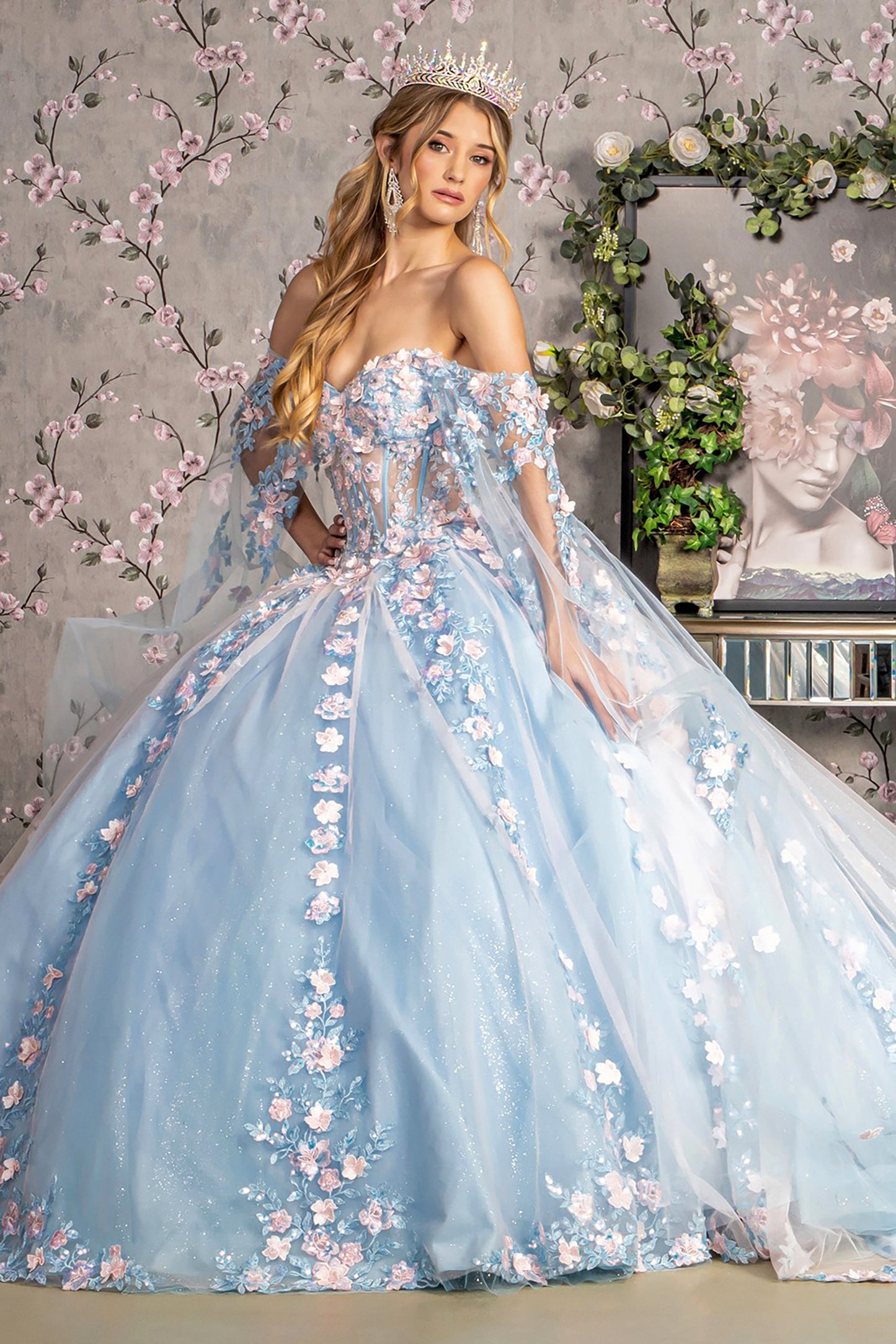 Sky Blue 3D Flower Sheer Bodice Mesh Long Train Quince Dress Ball Gown with Side Mesh Long Drapes indoor front standing view