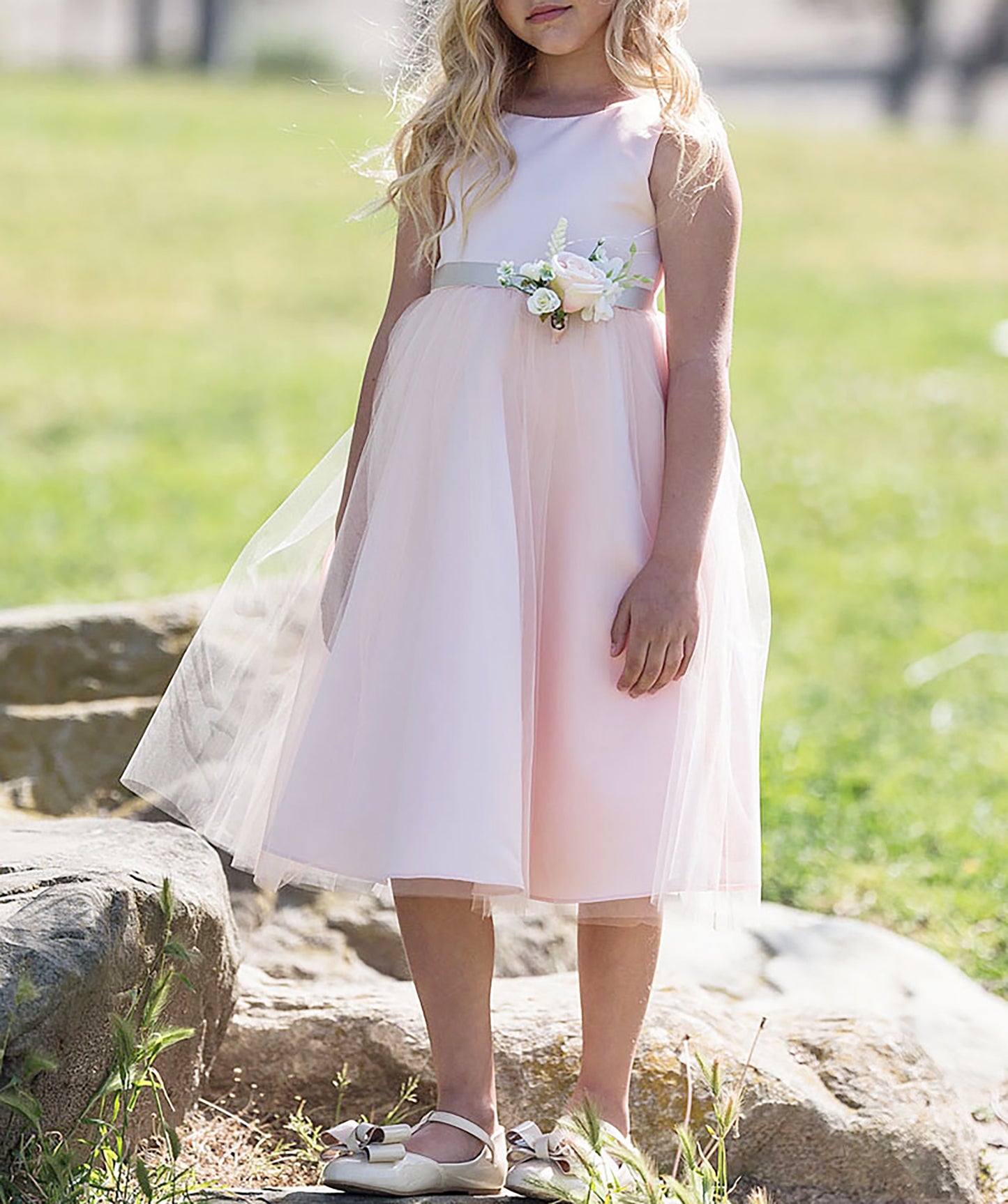 USA Made | Simple Dull Satin and Tulle dress with beautiful pin-on bouquet satin sash Flower Girl dress | 5 Colors Available - front view of girl wearing dress with flower belt sash