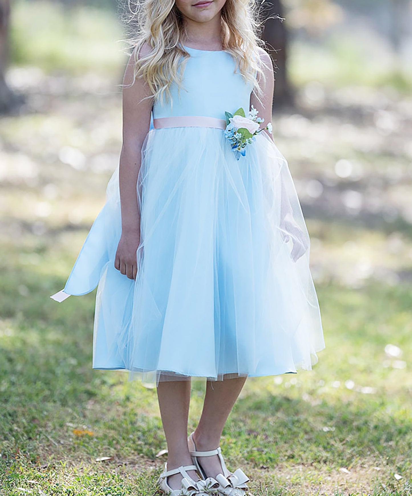 USA Made | Simple Dull Satin and Tulle dress with beautiful pin-on bouquet satin sash Flower Girl dress | 5 Colors Available - front view girl wearing dress standing on grass