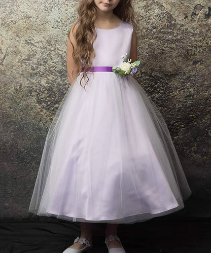 USA Made | Simple Dull Satin and Tulle dress with beautiful pin-on bouquet satin sash Flower Girl dress | 5 Colors Available - front view of girl wearing dress with stone background