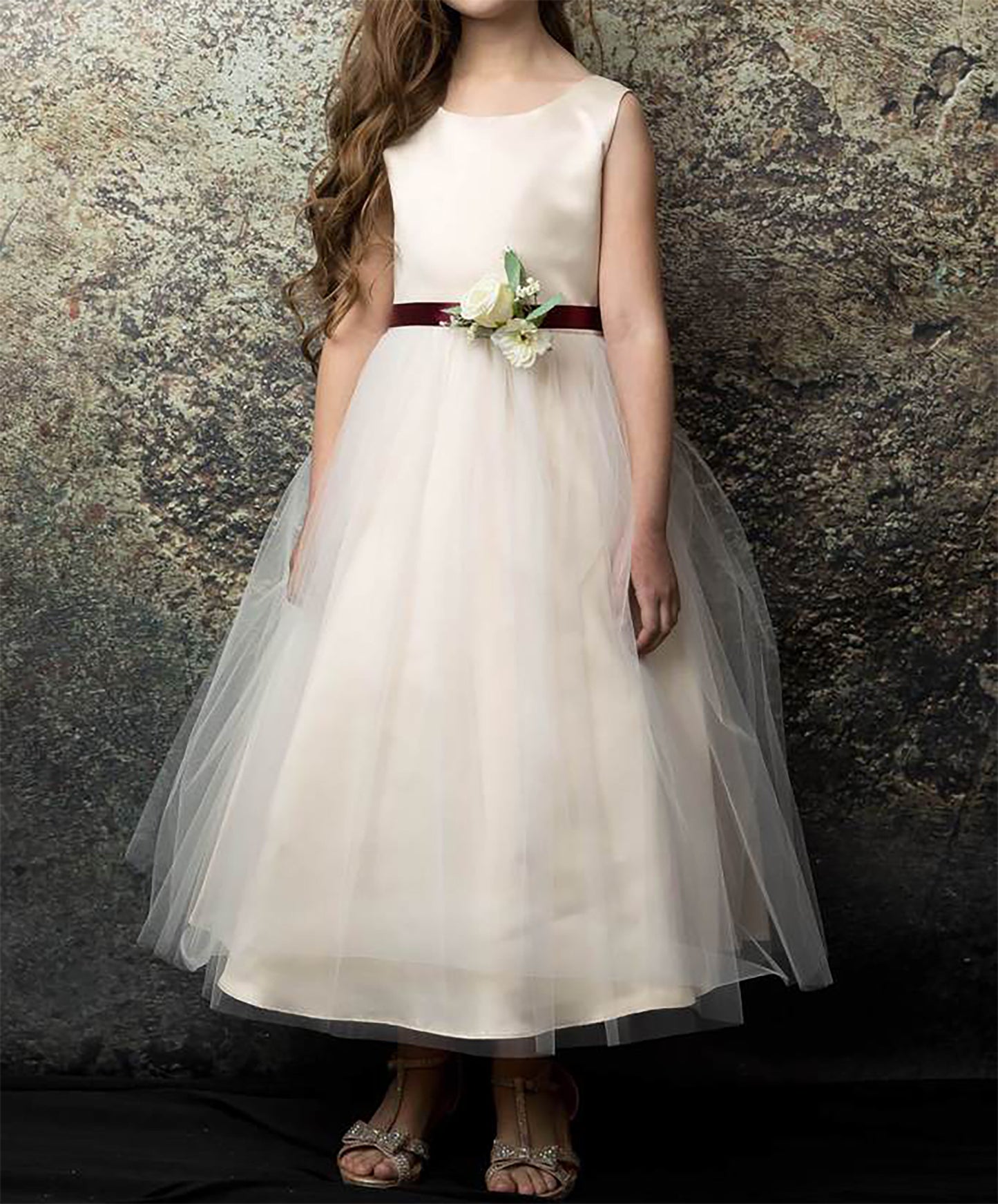 USA Made | Simple Dull Satin and Tulle dress with beautiful pin-on bouquet satin sash Flower Girl dress | 5 Colors Available - zoomed in view of girl wearing dress