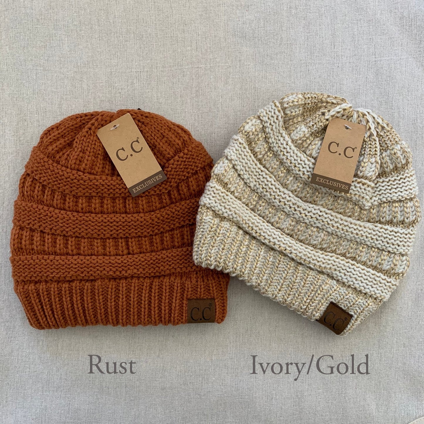 Ivory gold women's winter beanie.