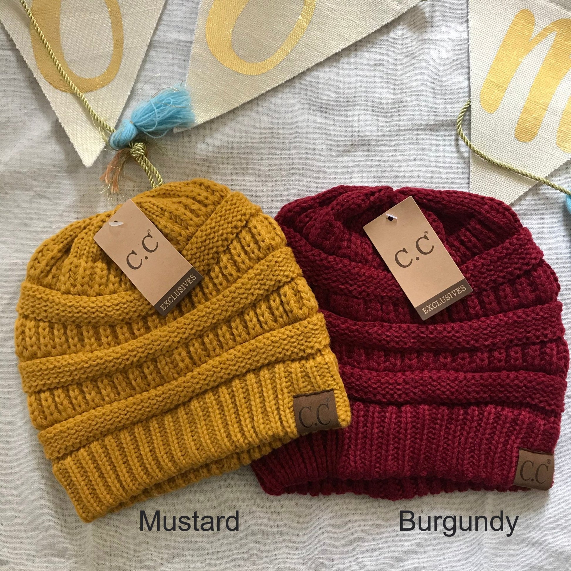 Mustard burgundy women's winter beanie.