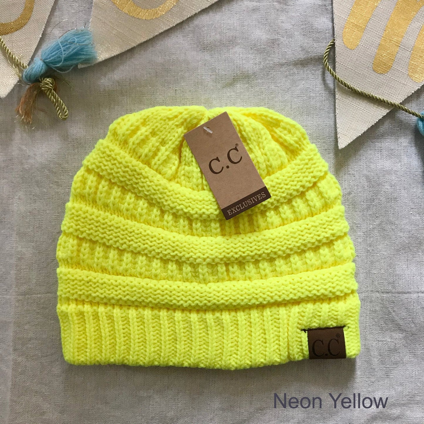 Neon yellow women's winter beanie.