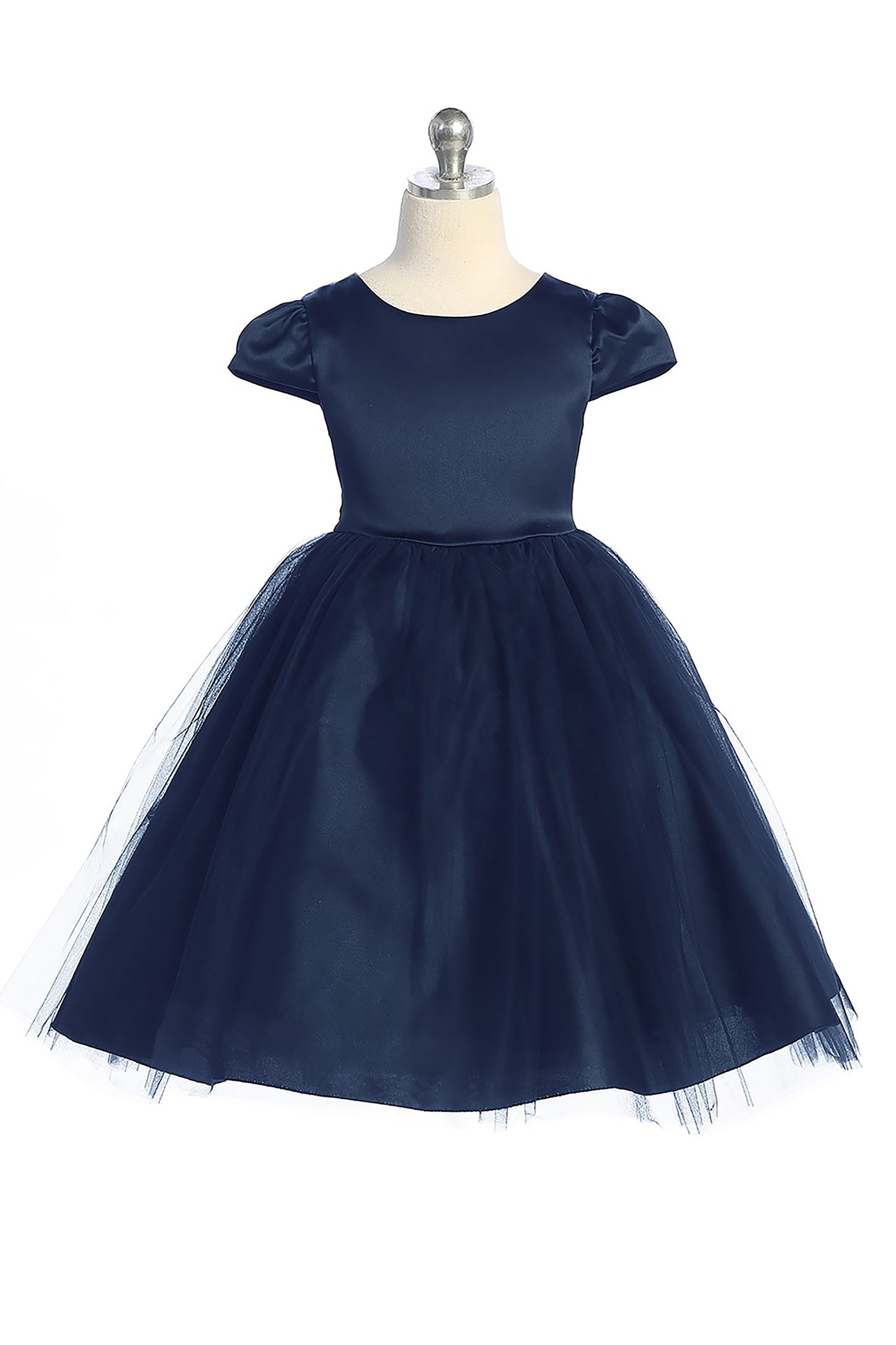 Satin Puff Sleeve and Tulle Flower Girl Dress with Attached Rhinestone Belt navy