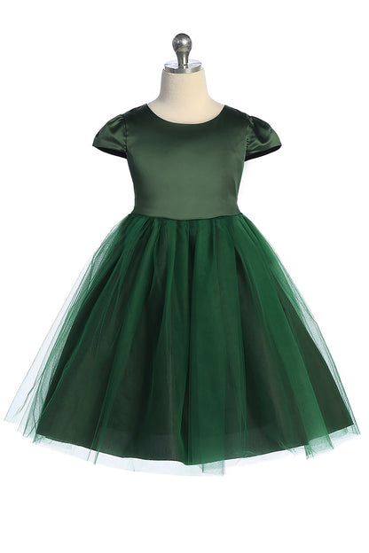 Satin Puff Sleeve and Tulle Flower Girl Dress with Attached Rhinestone Belt green