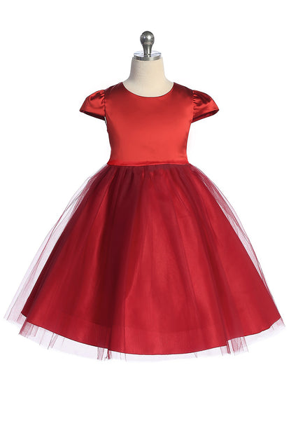 Satin Puff Sleeve and Tulle Flower Girl Dress with Attached Rhinestone Belt red