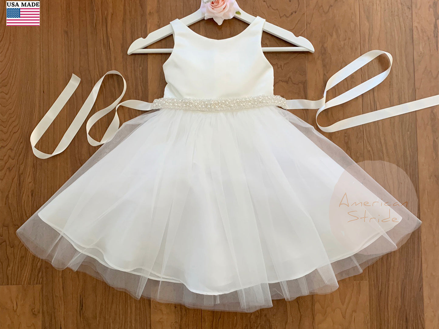 Handmade Beautiful Pearl and Satin Flower Girl Sash Belt | Wedding Sash Belt - front view of dress