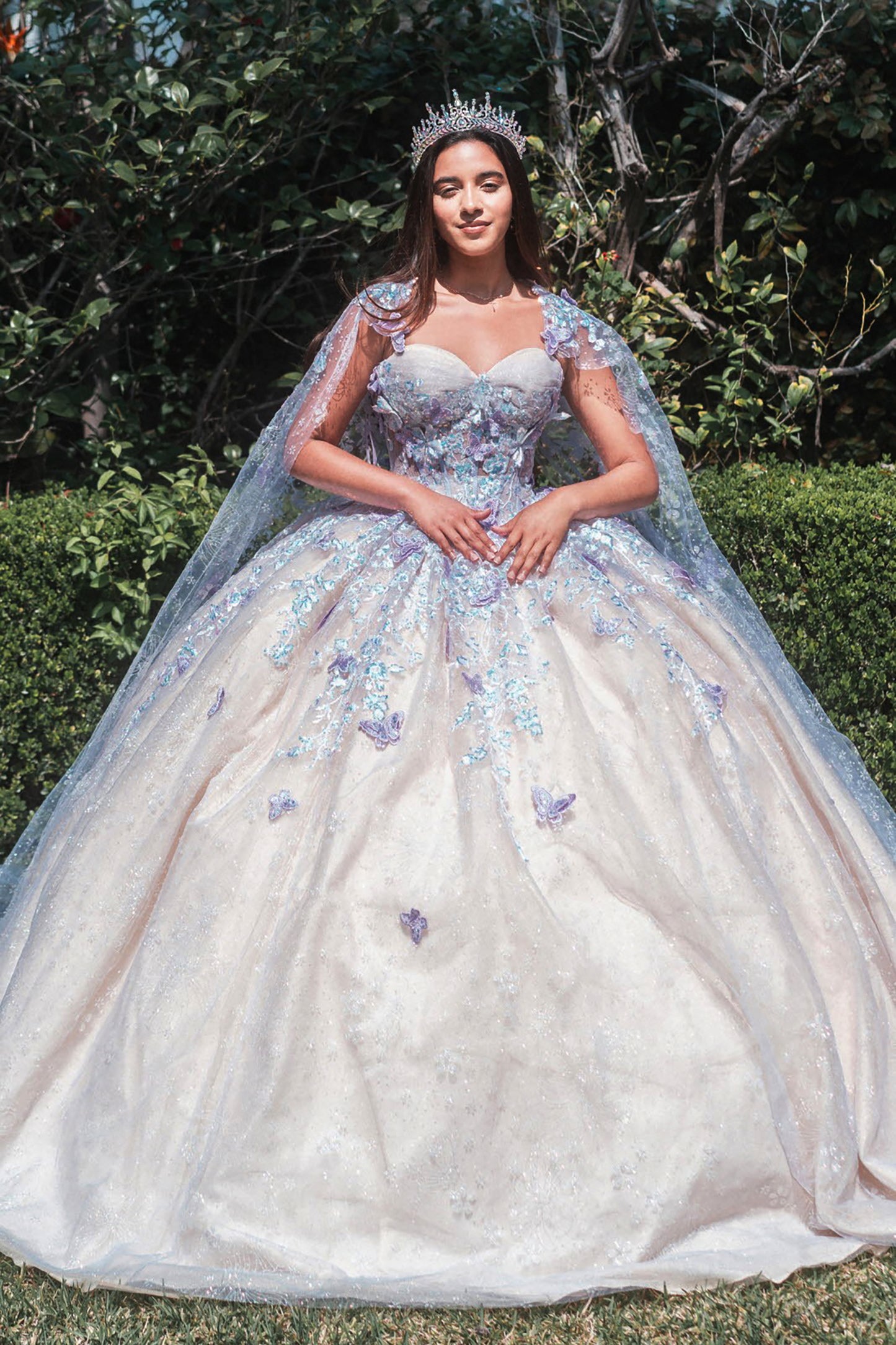 Champagne/Lilac Floral Glitter Pattern 3-D Butterfly Applique Mesh Quinceanera Dress w/ Detachable Mesh Cape front view