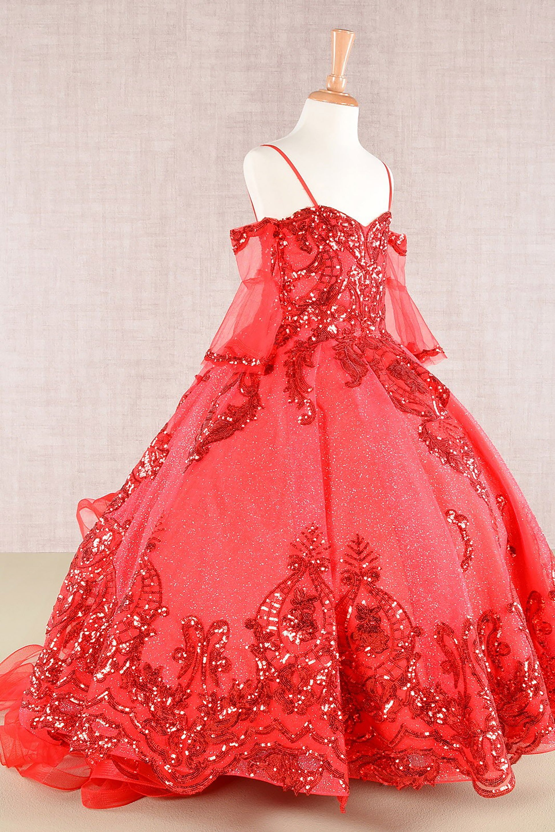 Red Glitter Sequin Embellished Mesh 3 Años Kid Dress with Separate Mesh 3/4 Sleeves  side view