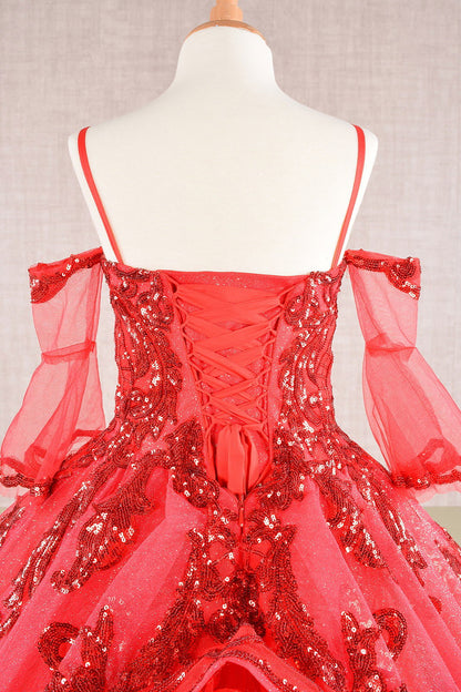 Red Glitter Sequin Embellished Mesh 3 Años Kid Dress with Separate Mesh 3/4 Sleeves back zoom