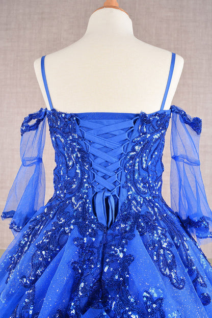 RoyalBlue Glitter Sequin Embellished Mesh 3 Años Kid Dress with Separate Mesh 3/4 Sleeves back zoom