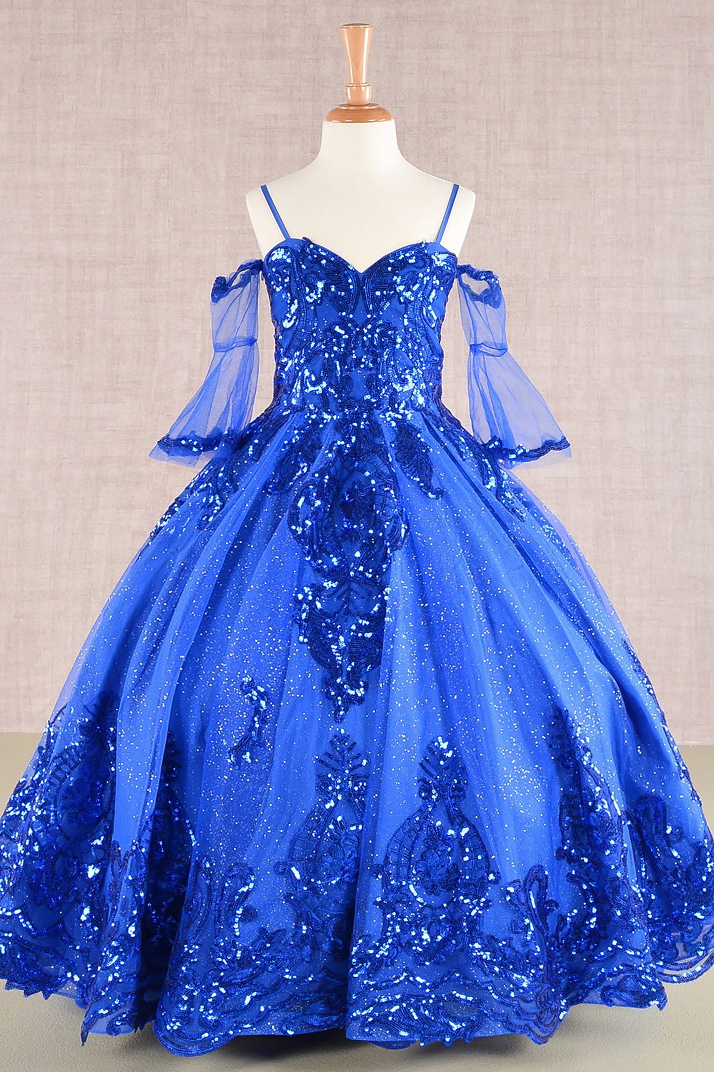 RoyalBlue Glitter Sequin Embellished Mesh 3 Años Kid Dress with Separate Mesh 3/4 Sleeves front view