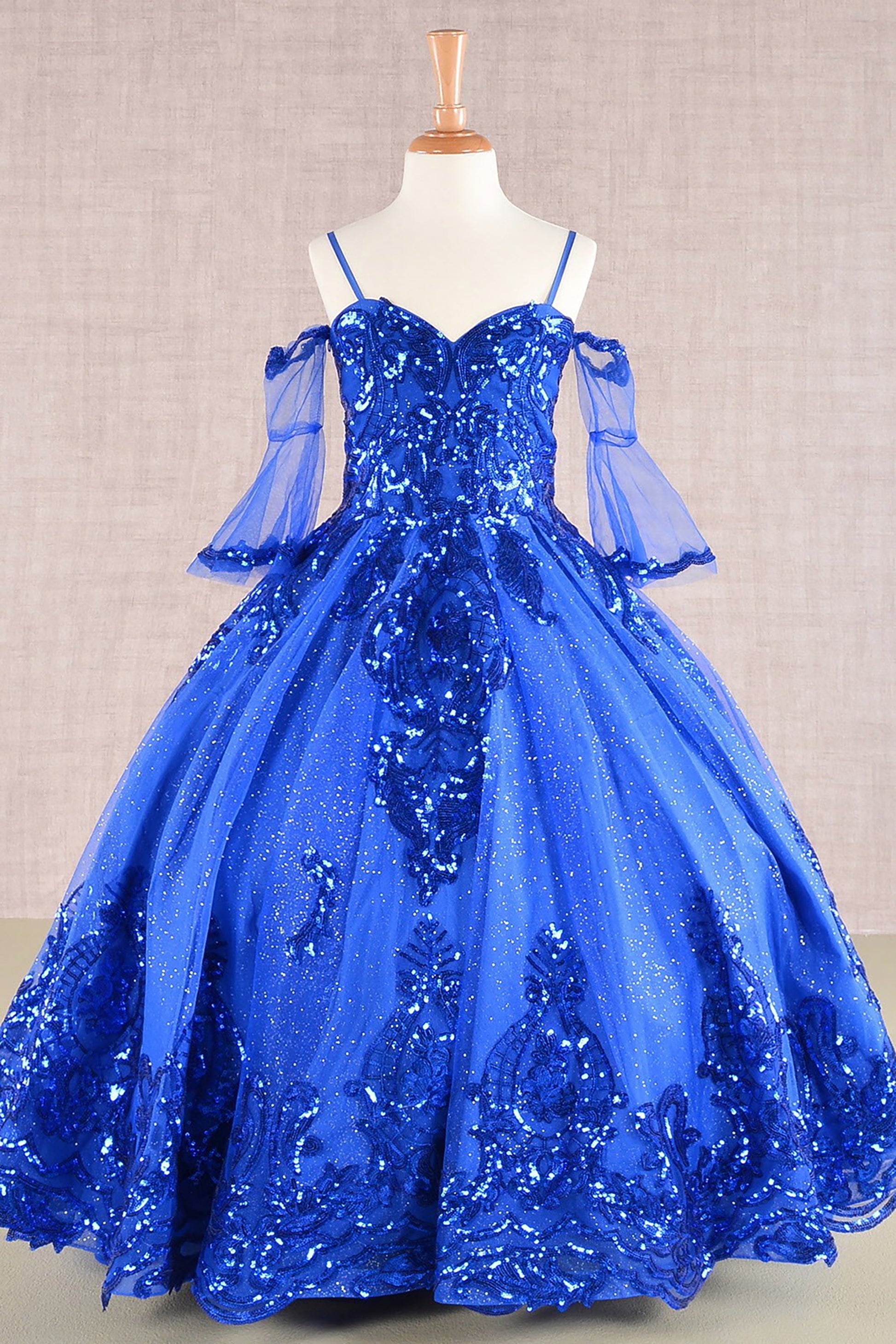 RoyalBlue Glitter Sequin Embellished Mesh 3 Años Kid Dress with Separate Mesh 3/4 Sleeves front view