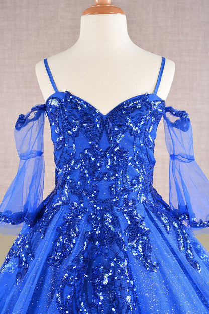 RoyalBlue Glitter Sequin Embellished Mesh 3 Años Kid Dress with Separate Mesh 3/4 Sleeves front zoom