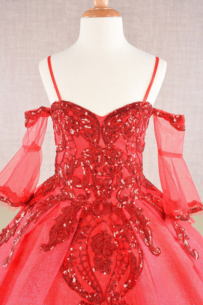 Red Glitter Sequin Embellished Mesh 3 Años Kid Dress with Separate Mesh 3/4 Sleeves front zoom