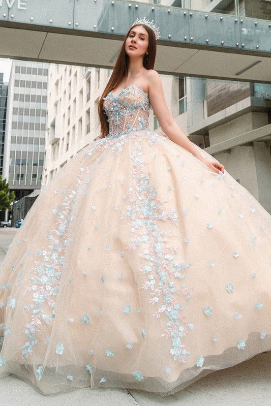 Quinceañera | Champagne3D Floral Appliqué Embellished Sweetheart Sheer Bodice Sweet 15 Ball Gown | Plus Size Available | Nadalia dress side view