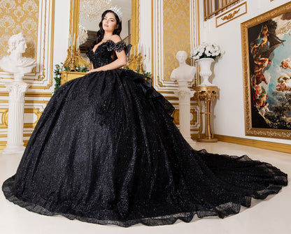 Black Off-shoulder Beaded bodice w/ Crafted Lace, floral applique and Layered Tulle Full Ball Gown with Tiered Train - woman wearing dress side view