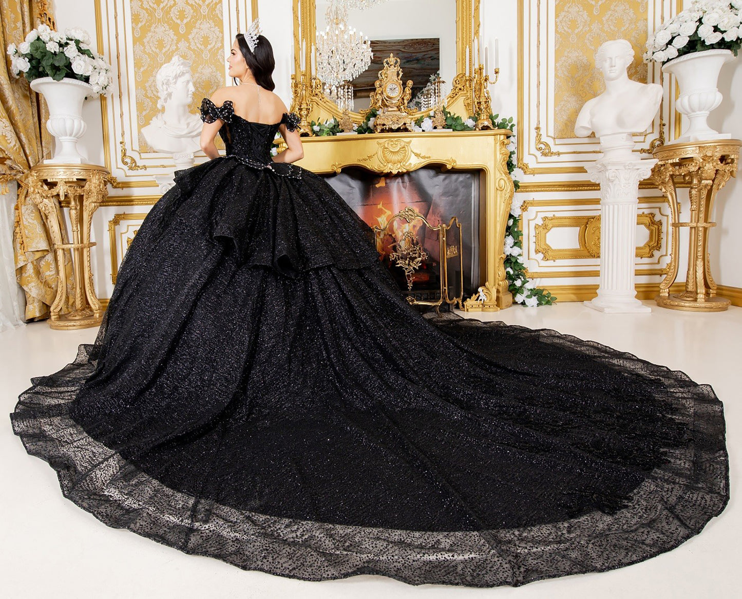 Black Off-shoulder Beaded bodice w/ Crafted Lace, floral applique and Layered Tulle Full Ball Gown with Tiered Train - full back view with skirt on ground