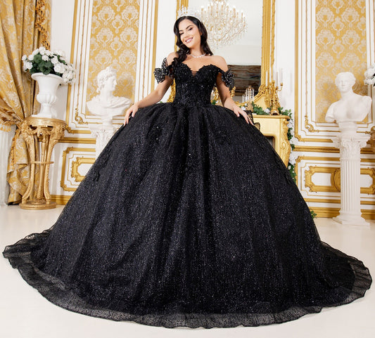 Black Off-shoulder Beaded bodice w/ Crafted Lace, floral applique and Layered Tulle Full Ball Gown with Tiered Train - full front view of woman wearing dress with crown and smiling