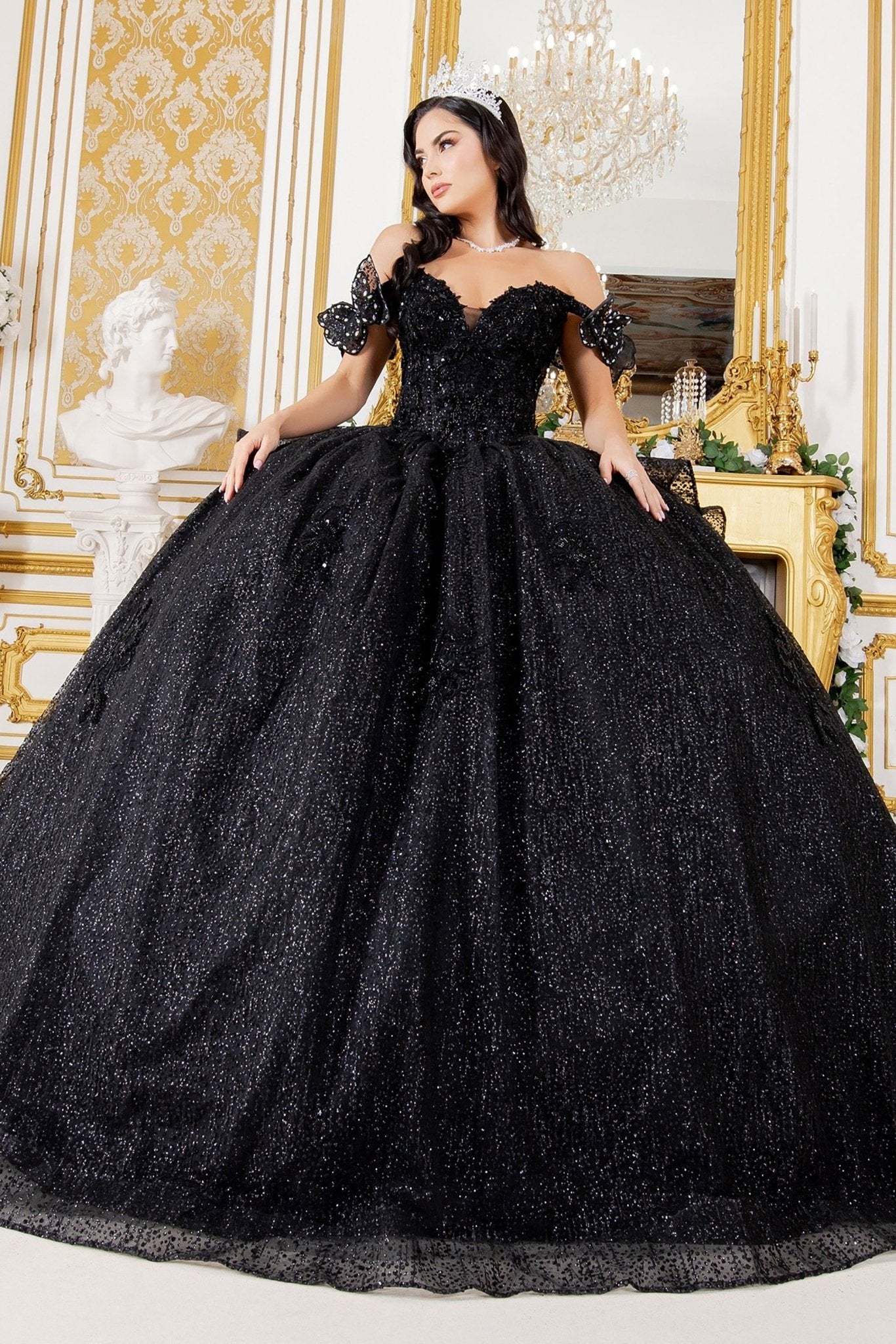 Black Quinceañera Dress with Butterfly Floral Lace Appliqué 2XL / Black