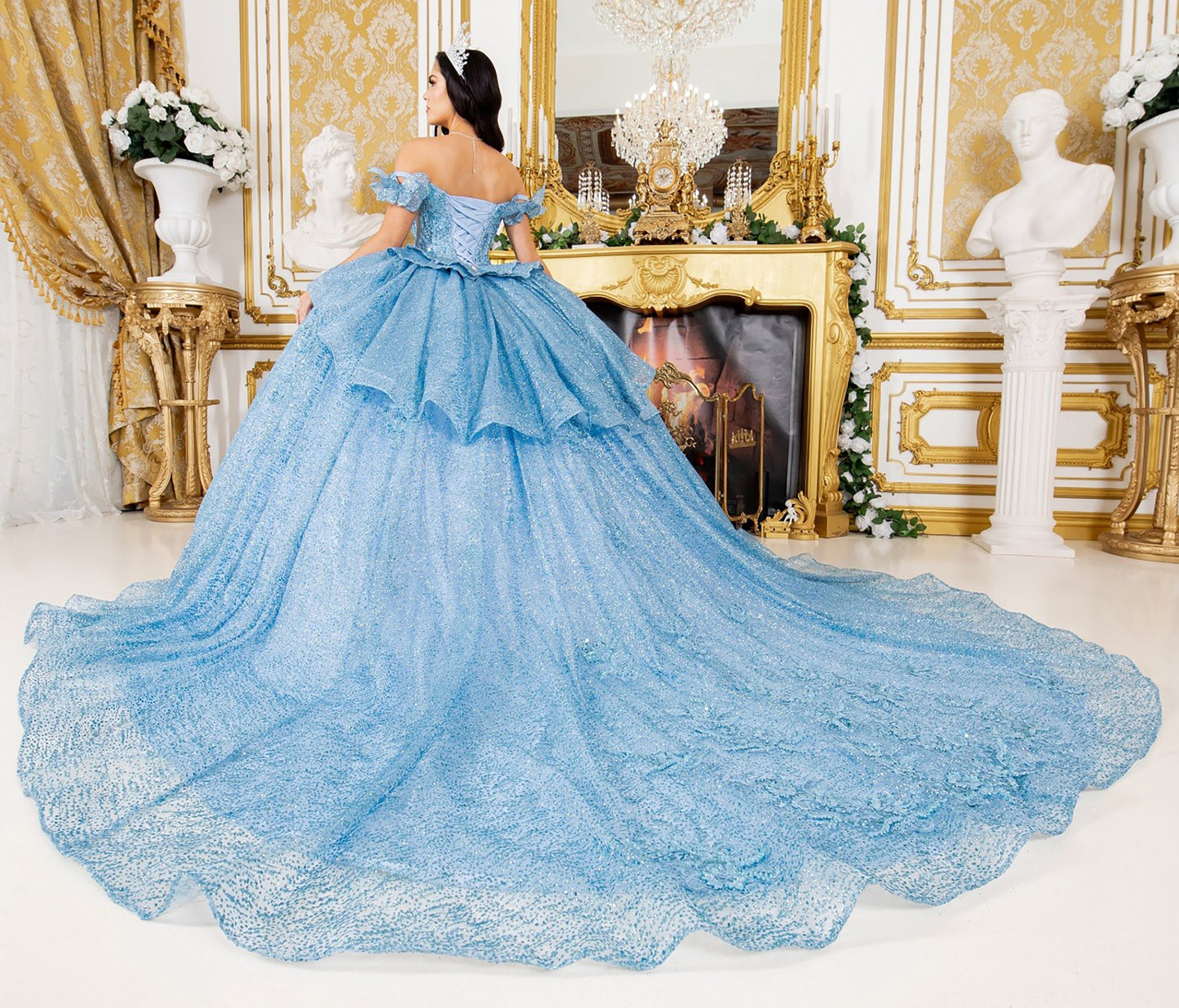 Blue Off-shoulder Beaded bodice w/ Crafted Lace, floral applique and Layered Tulle Full Ball Gown with Tiered Train - full back view