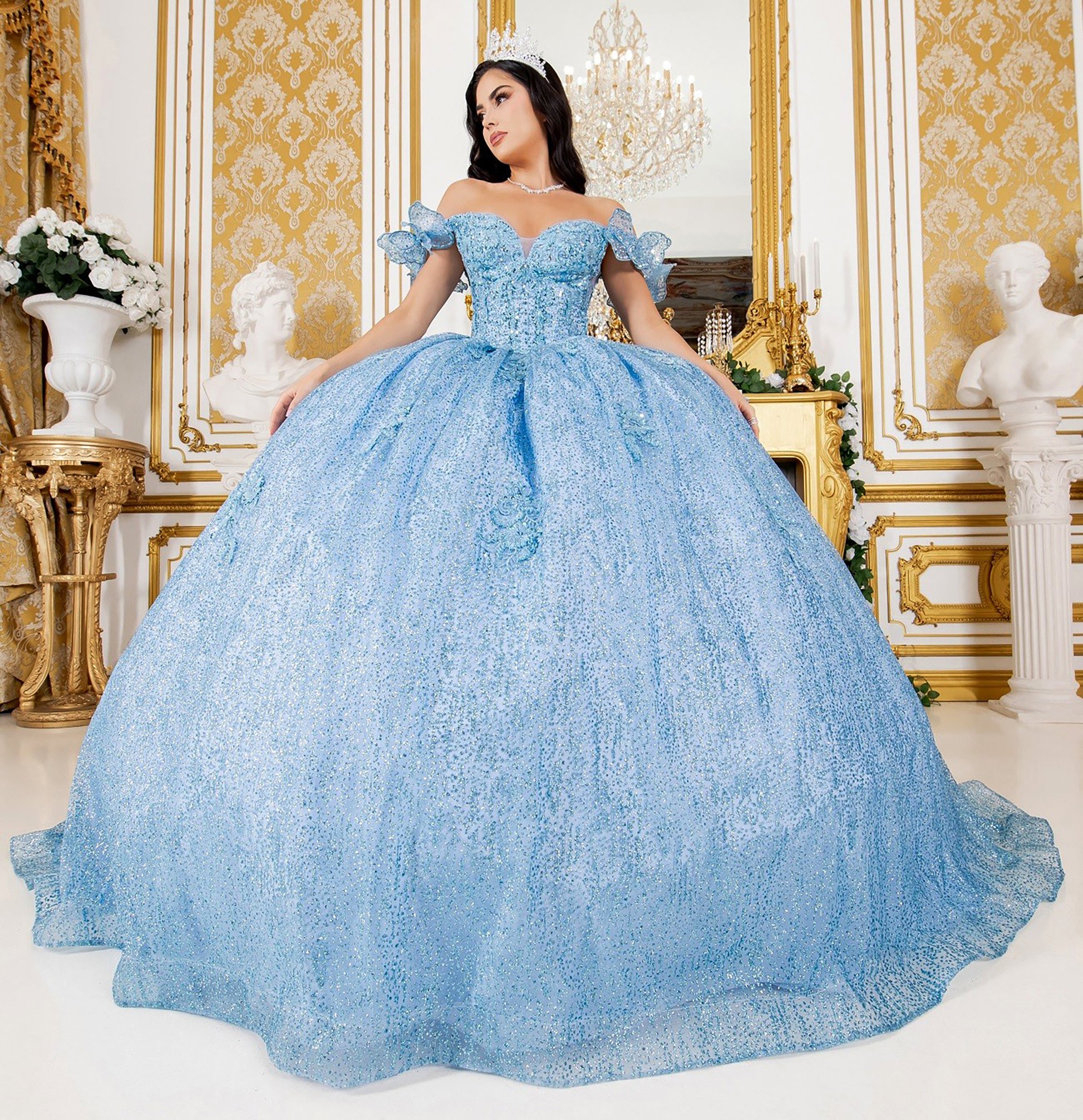 Blue Off-shoulder Beaded bodice w/ Crafted Lace, floral applique and Layered Tulle Full Ball Gown with Tiered Train - full front  view