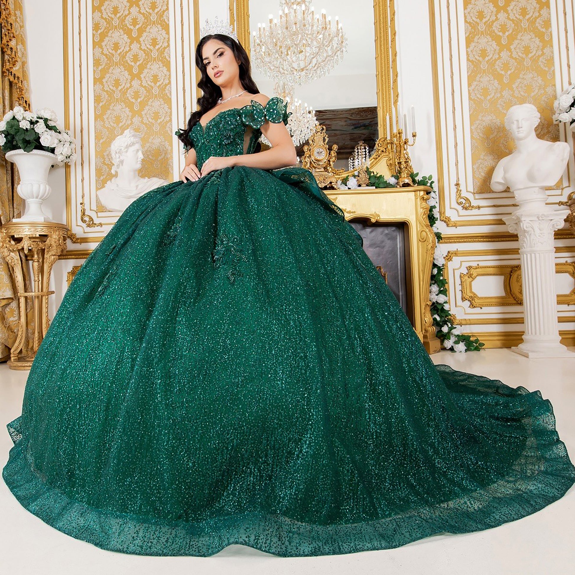 Charming Green Crafted Lace Butterfly Floral Appliqu Ball Gown 2XL / Green Charming Green Crafted Lace Butterfly Floral Appliqu Ball Gown 2XL / Green