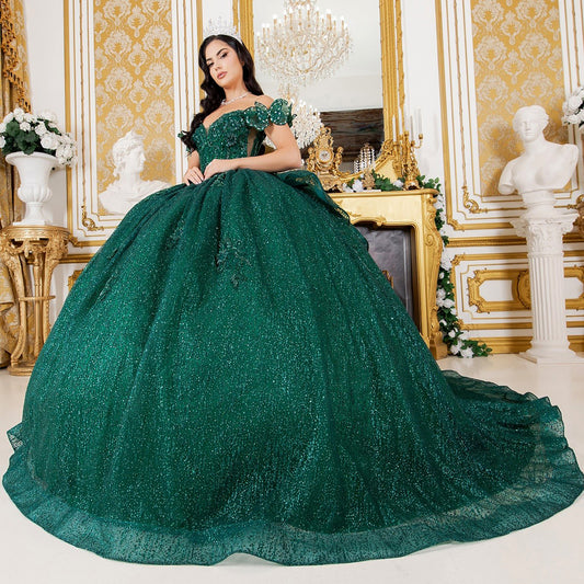 Hunter Green Off-shoulder Beaded bodice w/ Crafted Lace, floral applique and Layered Tulle Full Ball Gown with Tiered Train - full front view of woman wearing dress