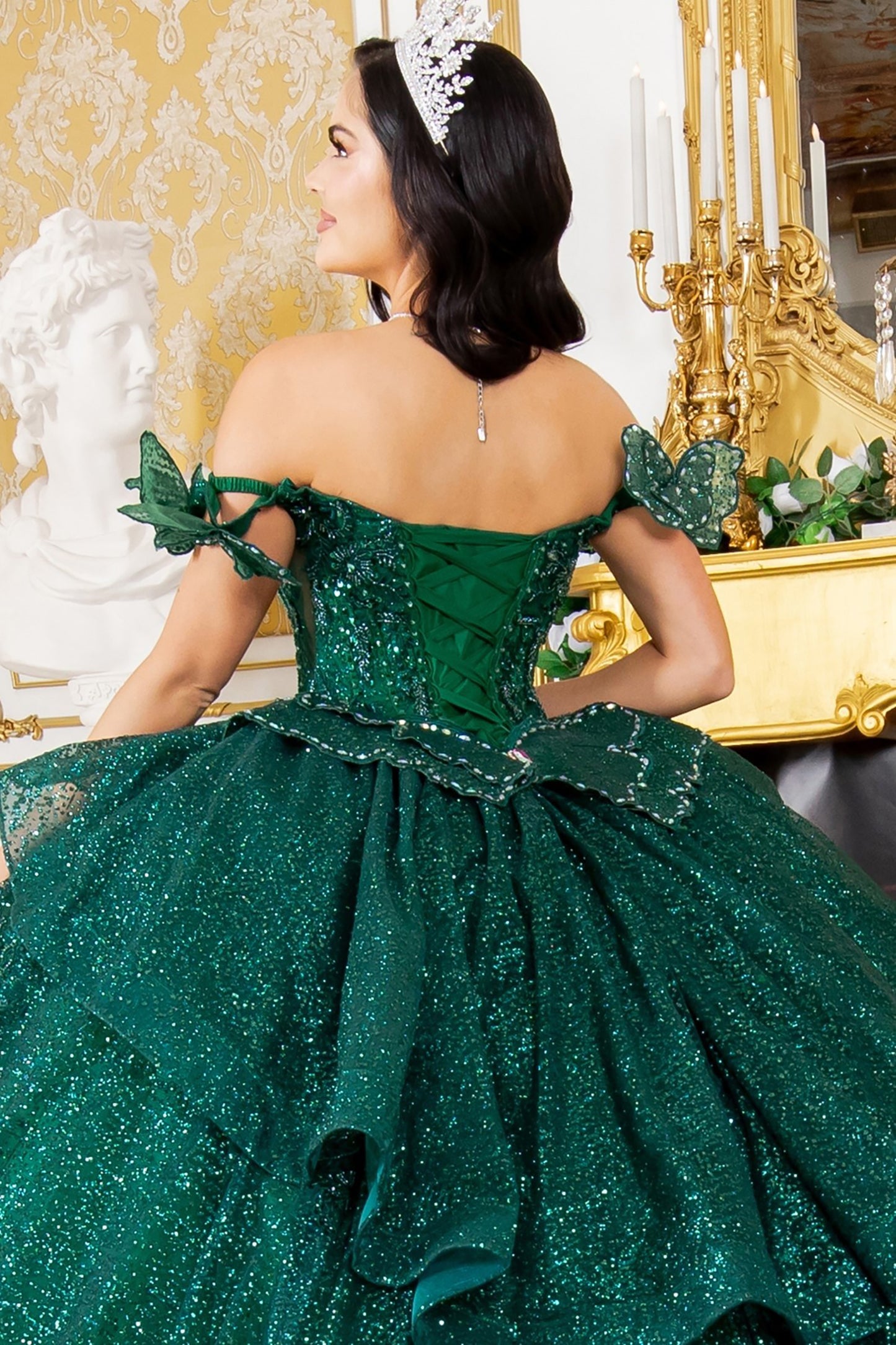 Hunter Green Off-shoulder Beaded bodice w/ Crafted Lace, floral applique and Layered Tulle Full Ball Gown with Tiered Train - zoomed back view