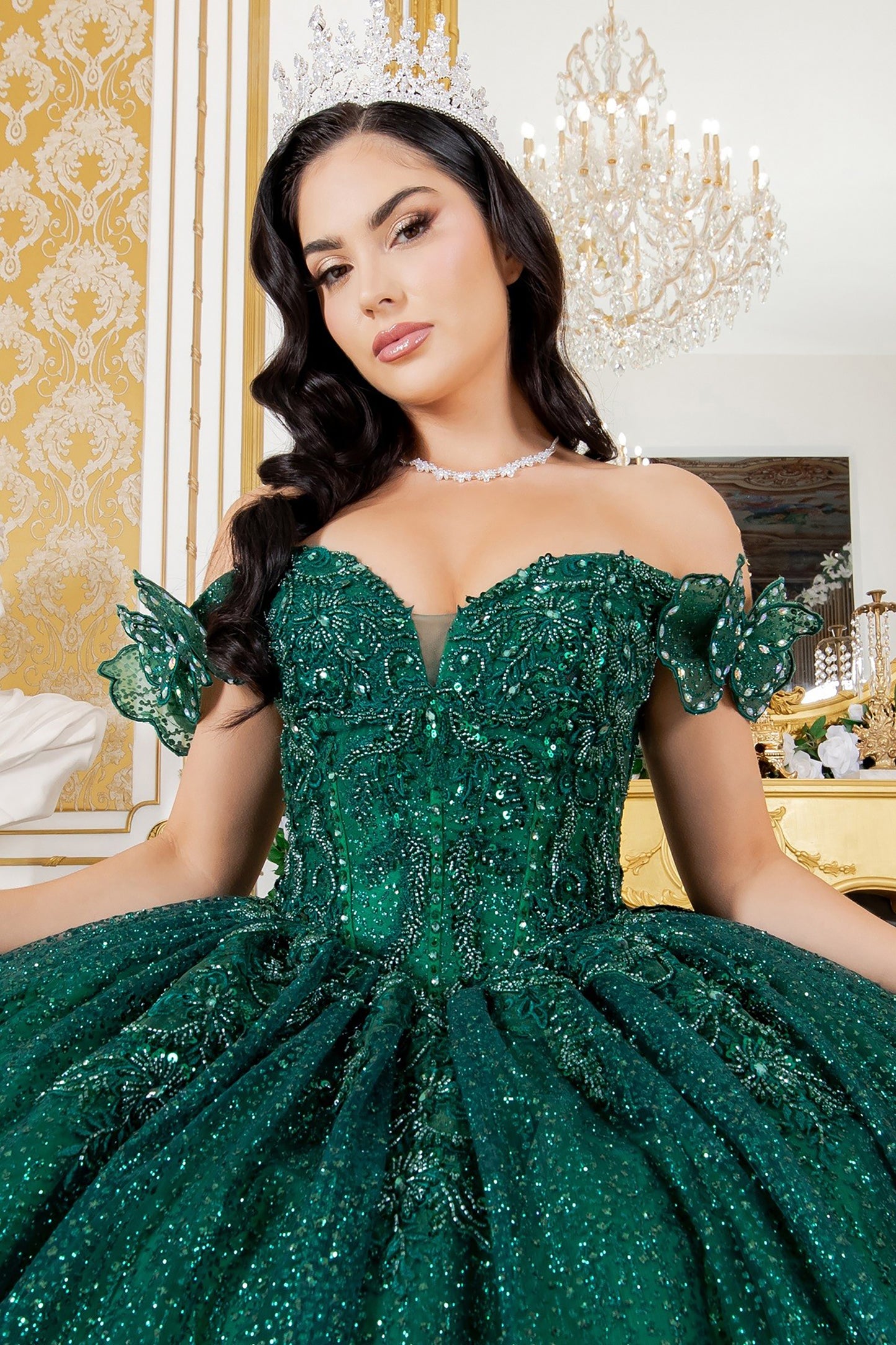 Hunter Green Off-shoulder Beaded bodice w/ Crafted Lace, floral applique and Layered Tulle Full Ball Gown with Tiered Train - zoomed front view