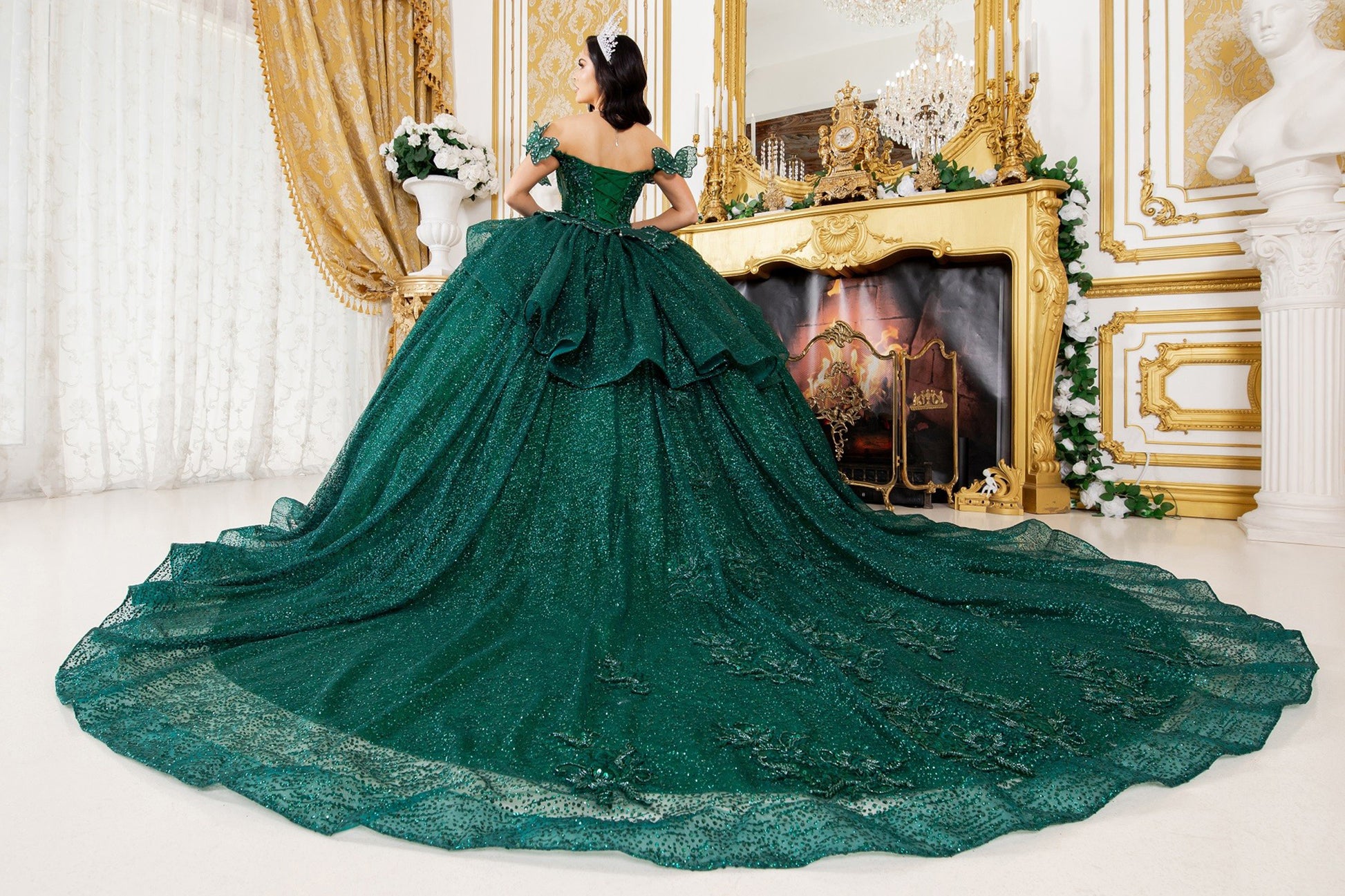 Hunter Green Off-shoulder Beaded bodice w/ Crafted Lace, floral applique and Layered Tulle Full Ball Gown with Tiered Train - full back view