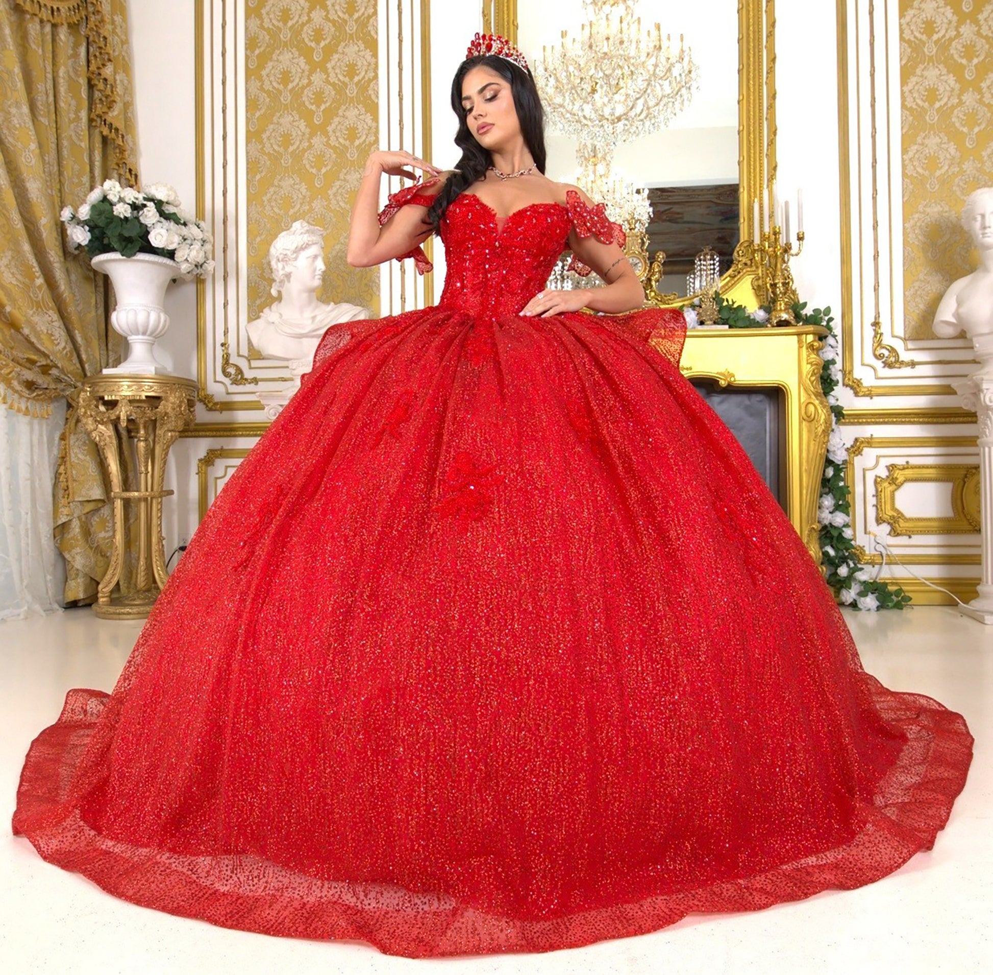 Red Off-shoulder Beaded bodice w/ Crafted Lace, floral applique and Layered Tulle Full Ball Gown with Tiered Train - woman wearing dress front view elegant