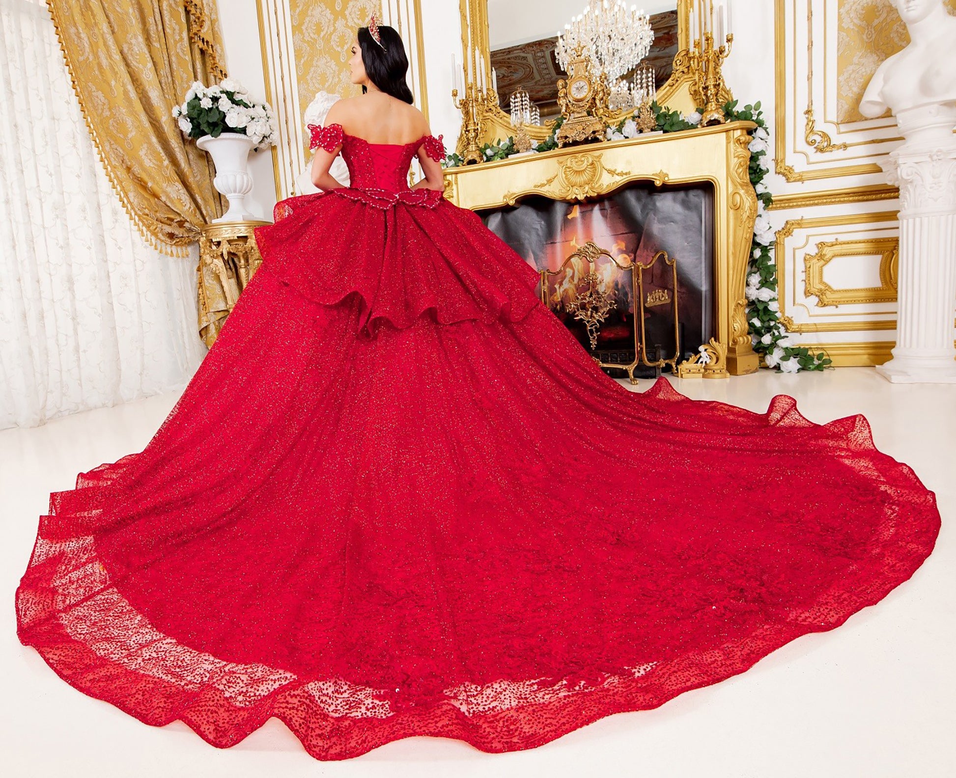 Red Off-shoulder Beaded bodice w/ Crafted Lace, floral applique and Layered Tulle Full Ball Gown with Tiered Train - woman wearing dress full back view