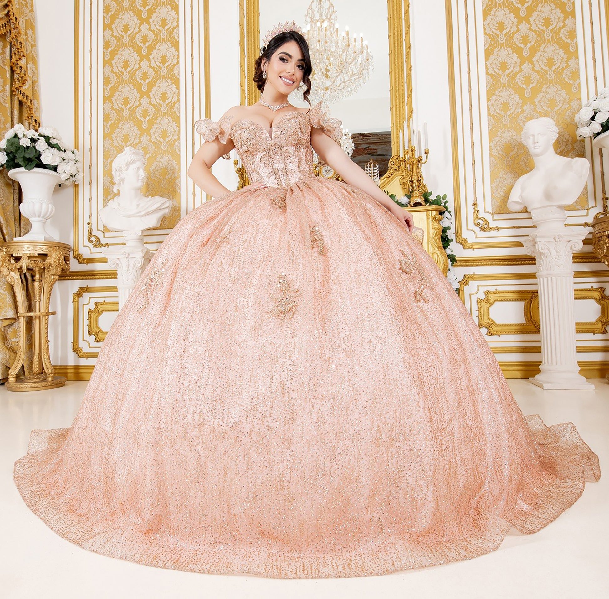 Luxurious Rose Gold Crafted Lace Butterfly Floral Appliqu Ball Gown XL / Rose Gold Luxurious Rose Gold Crafted Lace Butterfly Floral Appliqu Ball Gown XL / Rose Gold