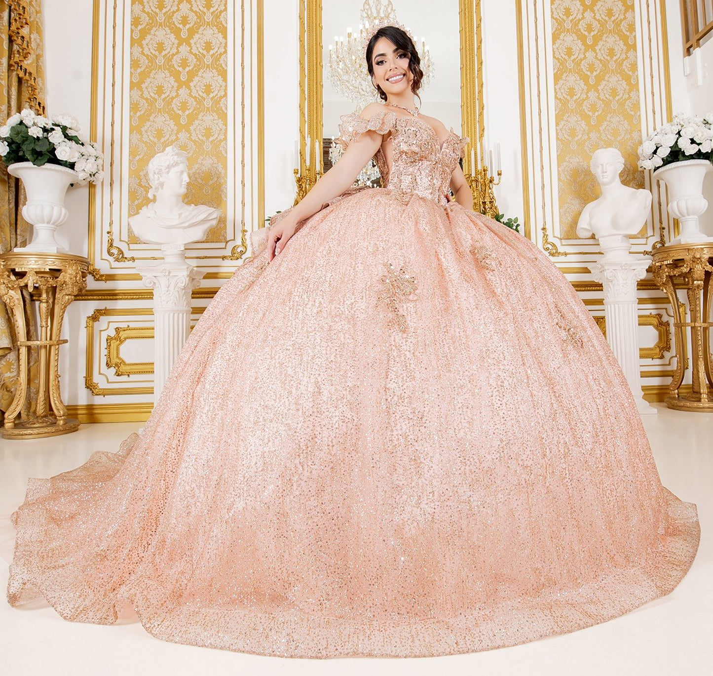 Rose Gold Quinceañera Dress with Butterfly Floral Lace Appliqué XL / Rose Gold