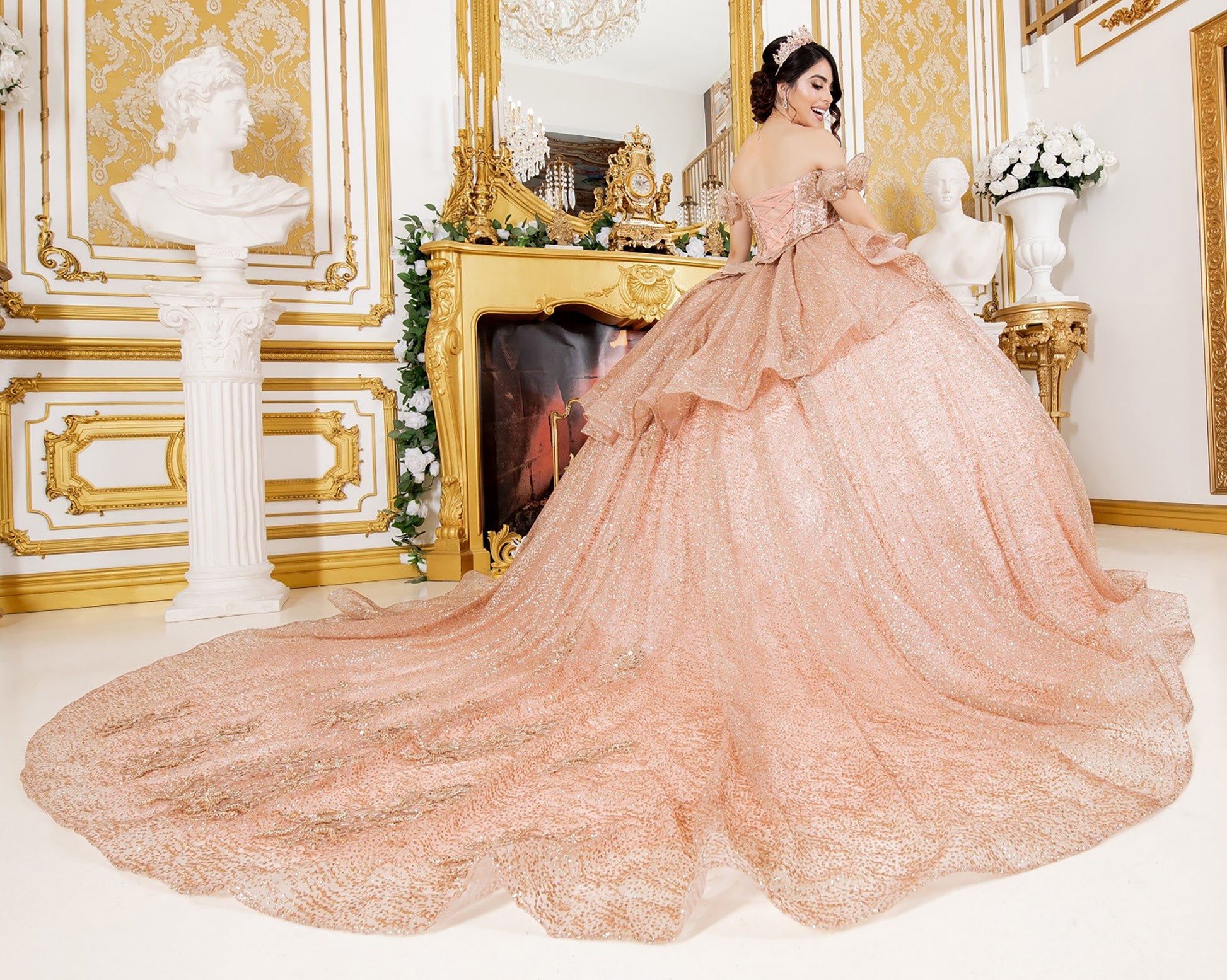 Luxurious Rose Gold Crafted Lace Butterfly Floral Appliqu Ball Gown XL / Rose Gold Luxurious Rose Gold Crafted Lace Butterfly Floral Appliqu Ball Gown XL / Rose Gold