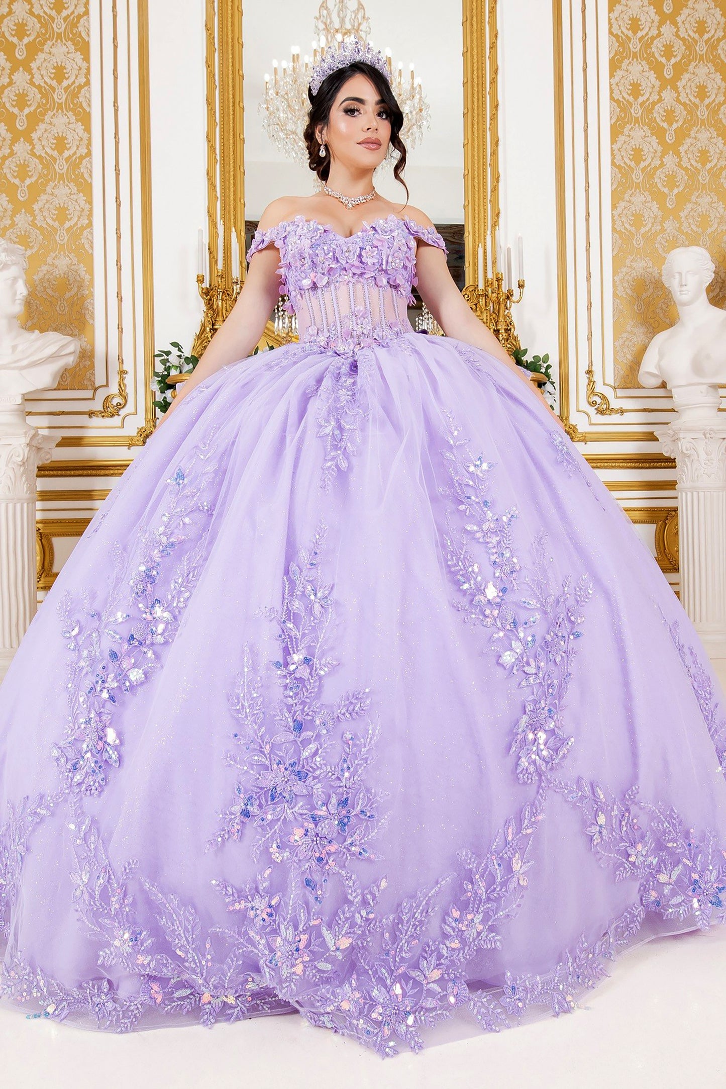 Quinceañera | Lilac Off-Shoulder 3D Floral Appliqués, Beaded Lace with Detachable Ribbon  Sweet 15 Ball Gown | Maite J dress | 3 Colors Available front view