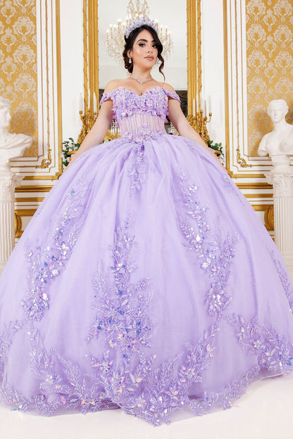 Quinceañera | Lilac Off-Shoulder 3D Floral Appliqués, Beaded Lace with Detachable Ribbon  Sweet 15 Ball Gown | Maite J dress | 3 Colors Available front view