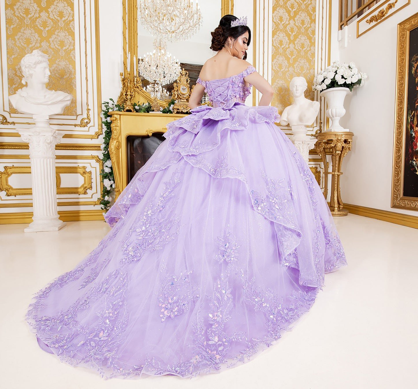 Quinceañera | Lilac Off-Shoulder 3D Floral Appliqués, Beaded Lace with Detachable Ribbon  Sweet 15 Ball Gown | Maite J dress | 3 Colors Available back view