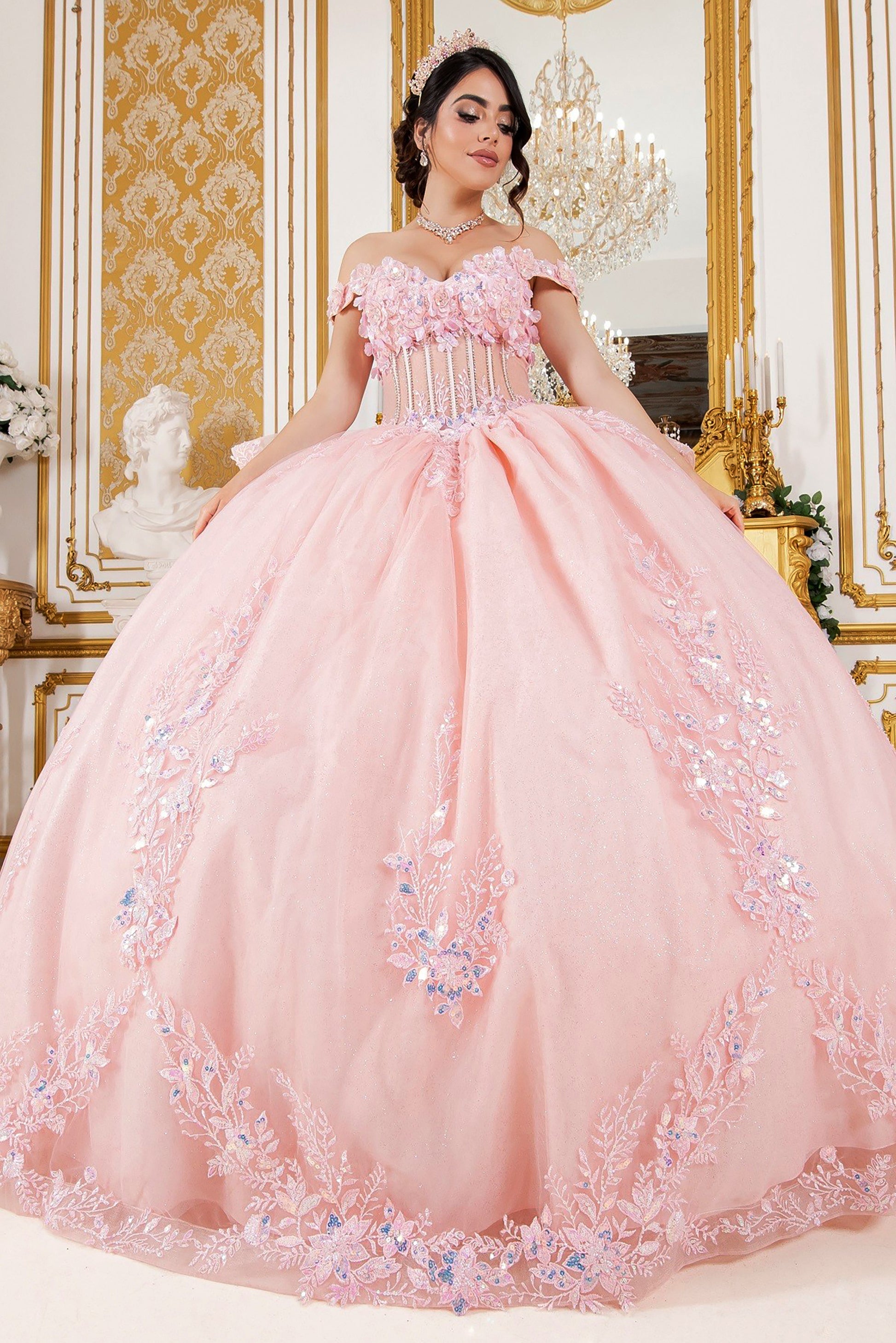 Quinceañera | Blush Off-Shoulder 3D Floral Appliqués, Beaded Lace with Detachable Ribbon  Sweet 15 Ball Gown | Maite J dress | 3 Colors Available front view