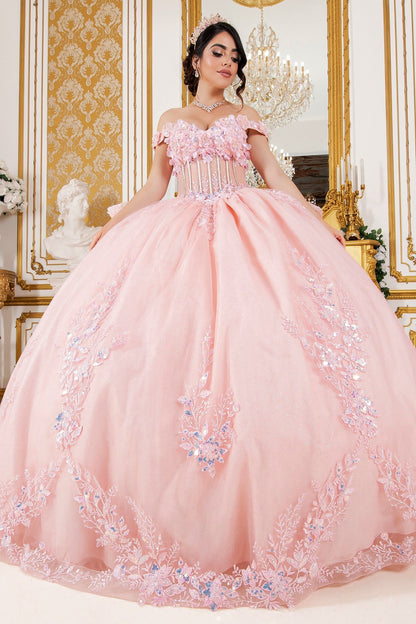 Quinceañera | Blush Off-Shoulder 3D Floral Appliqués, Beaded Lace with Detachable Ribbon  Sweet 15 Ball Gown | Maite J dress | 3 Colors Available front view