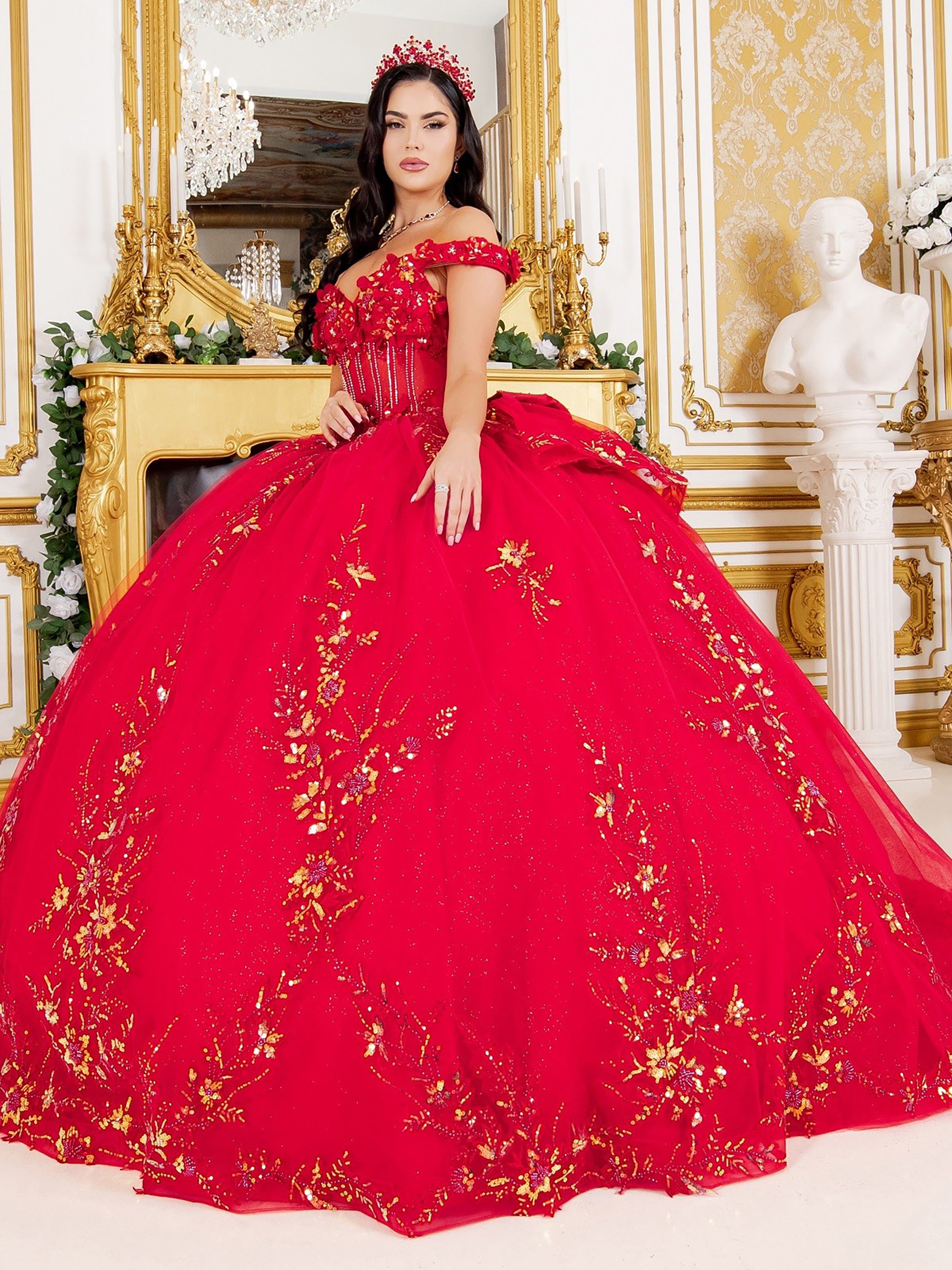 Quinceañera | Red Off-Shoulder 3D Floral Appliqués, Beaded Lace with Detachable Ribbon  Sweet 15 Ball Gown | Maite J dress | 3 Colors Available side view