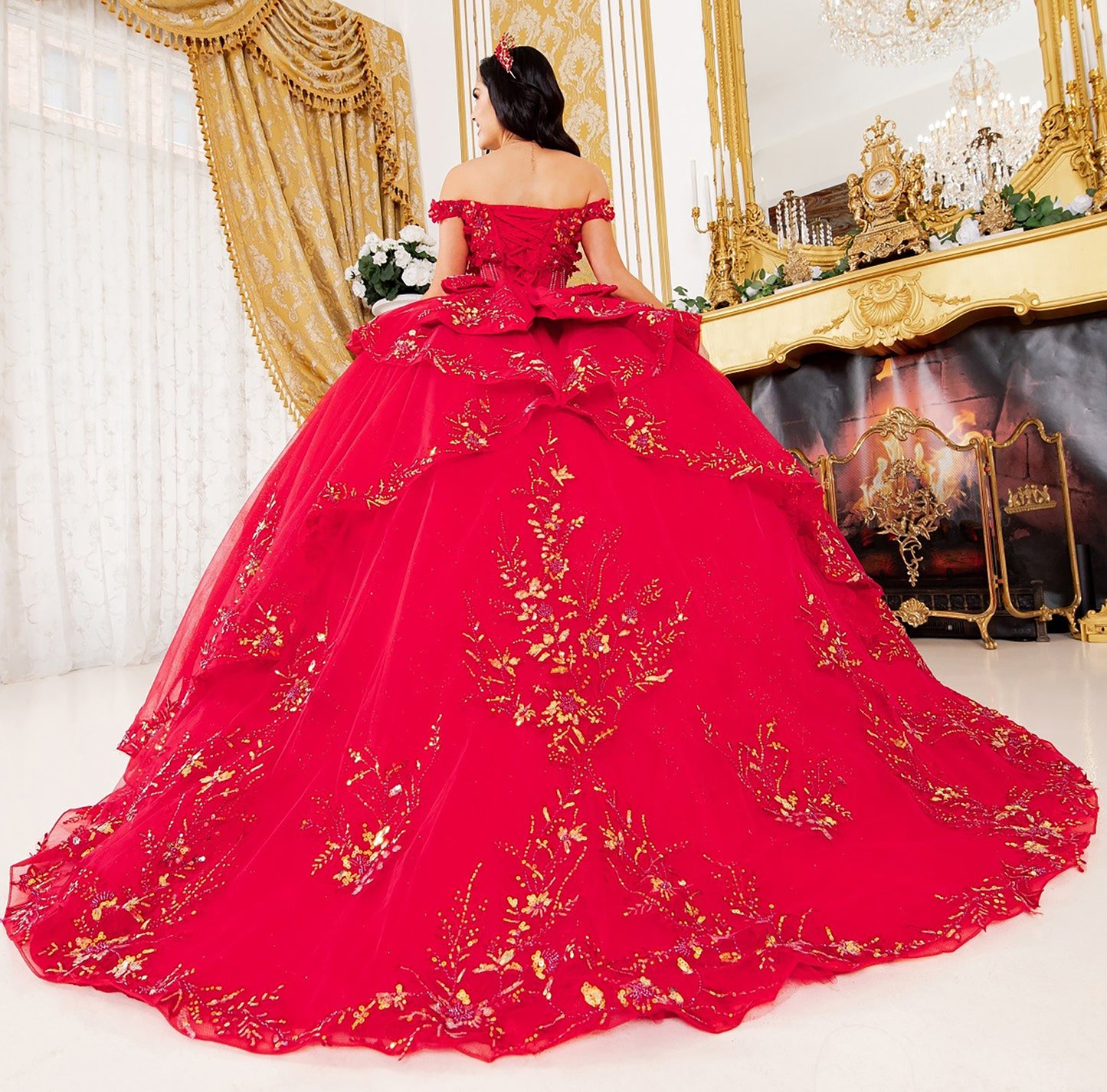 Quinceañera | Red Off-Shoulder 3D Floral Appliqués, Beaded Lace with Detachable Ribbon  Sweet 15 Ball Gown | Maite J dress | 3 Colors Available back view