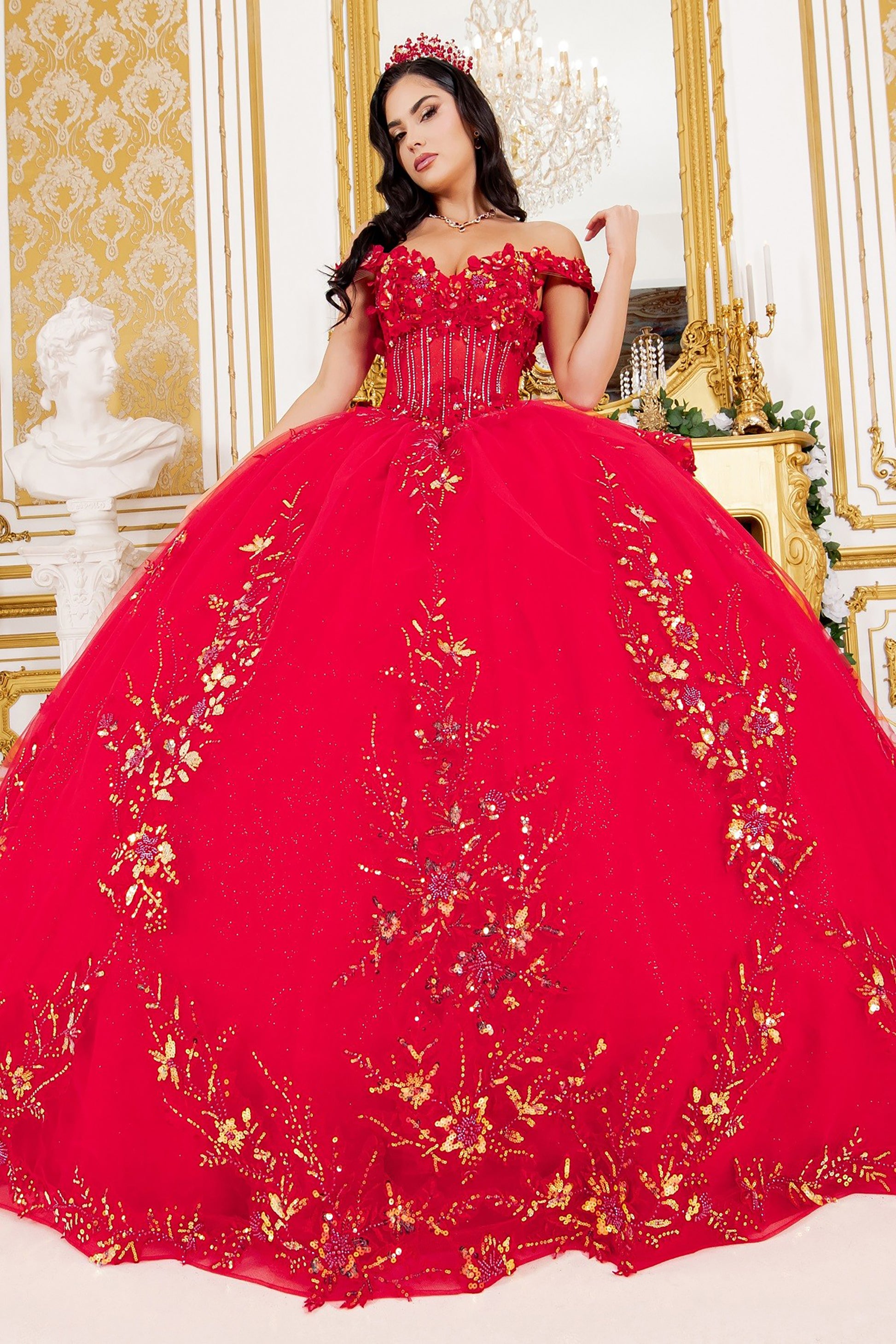 Quinceañera | Red Off-Shoulder 3D Floral Appliqués, Beaded Lace with Detachable Ribbon  Sweet 15 Ball Gown | Maite J dress | 3 Colors Available front view