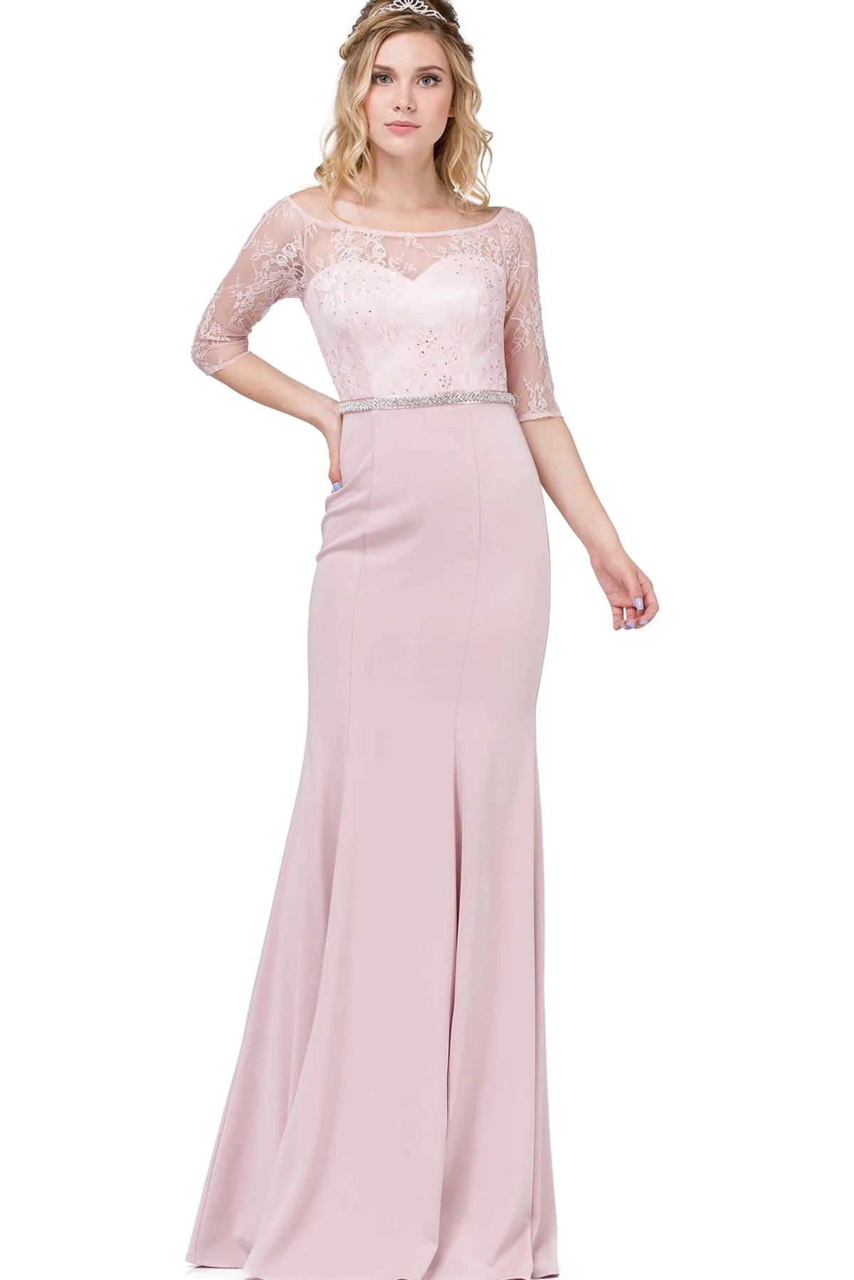 Featuring a floor-length skirt, this Dusty Pink prom dress is shown in full view.