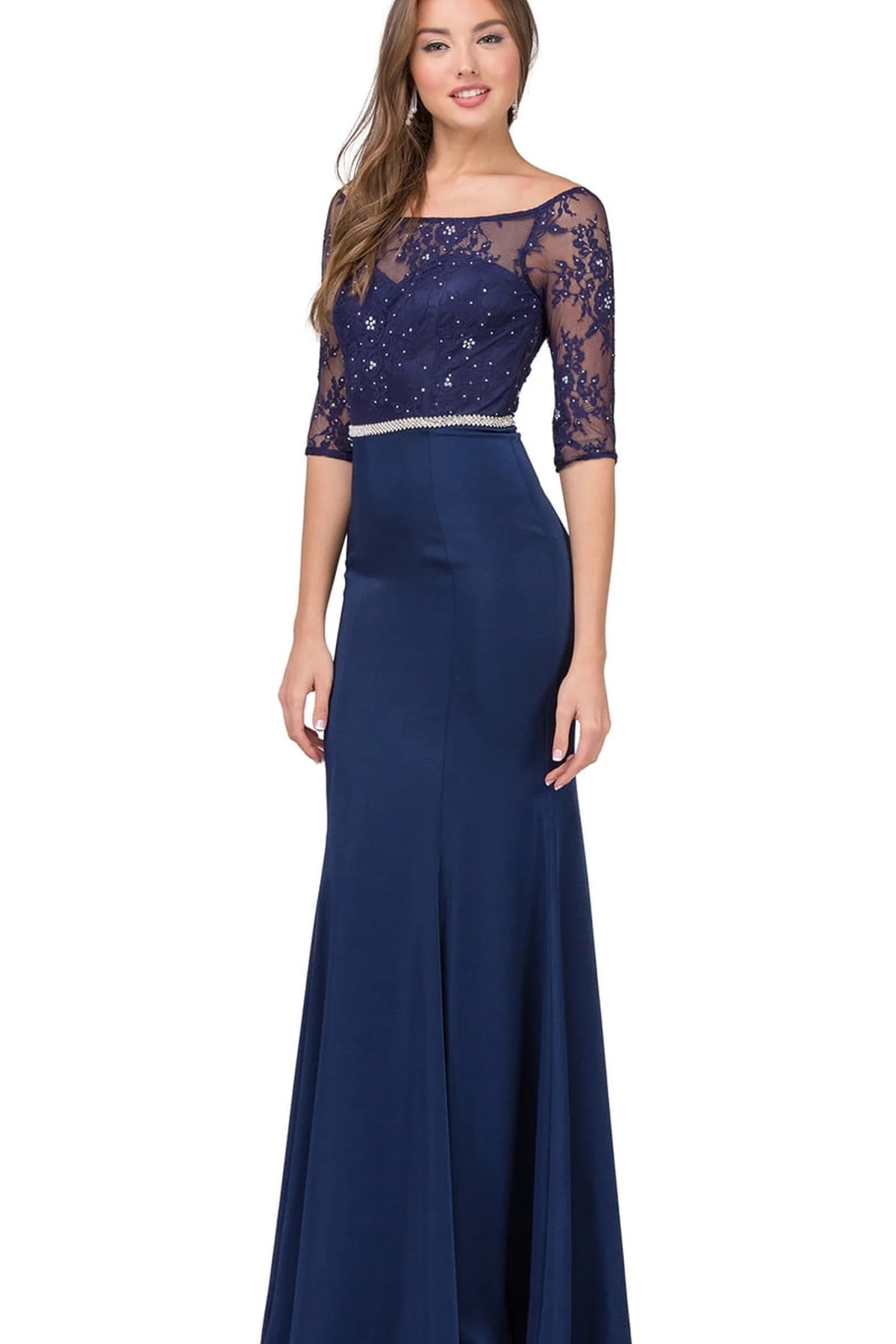Featuring a floor-length skirt, this Navy prom dress is shown in full view.