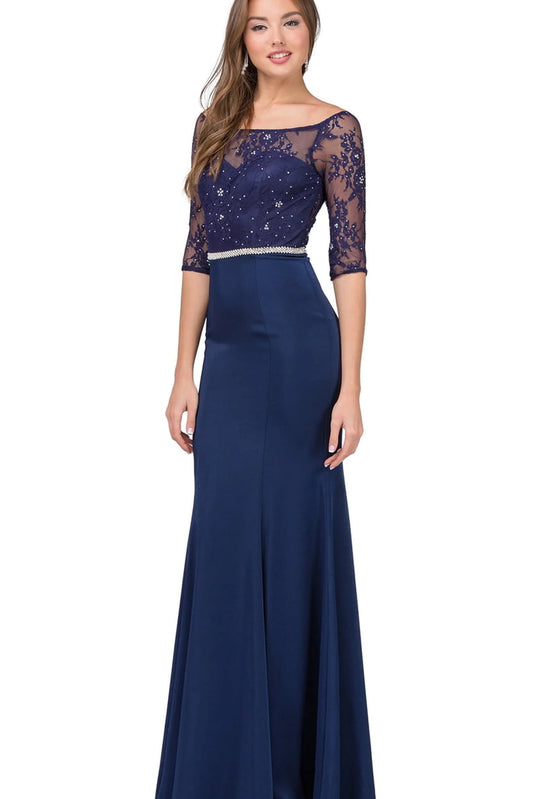 Featuring a floor-length skirt, this Navy prom dress is shown in full view.