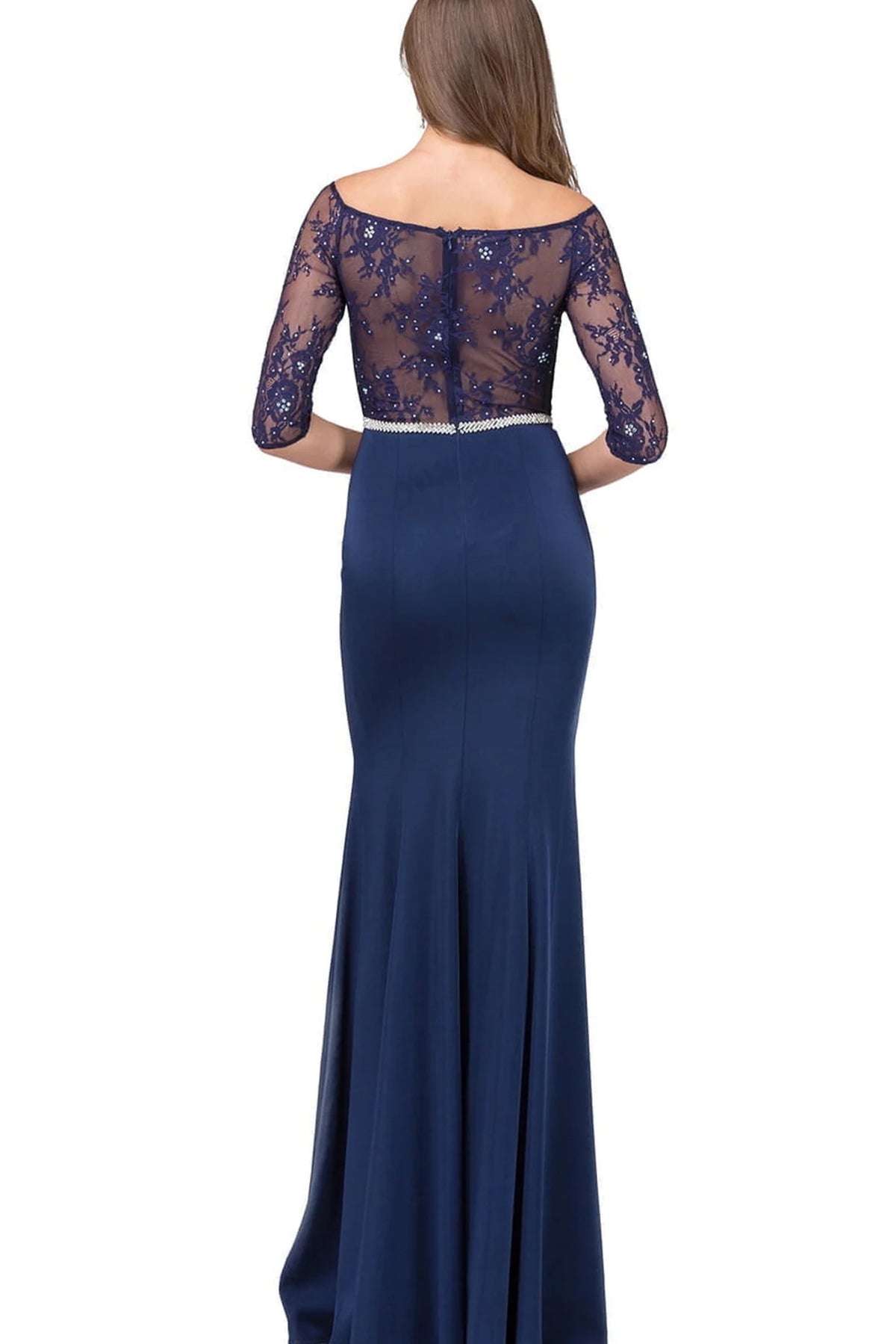 From the back, the Navy prom dress reveals its floor-length skirt.