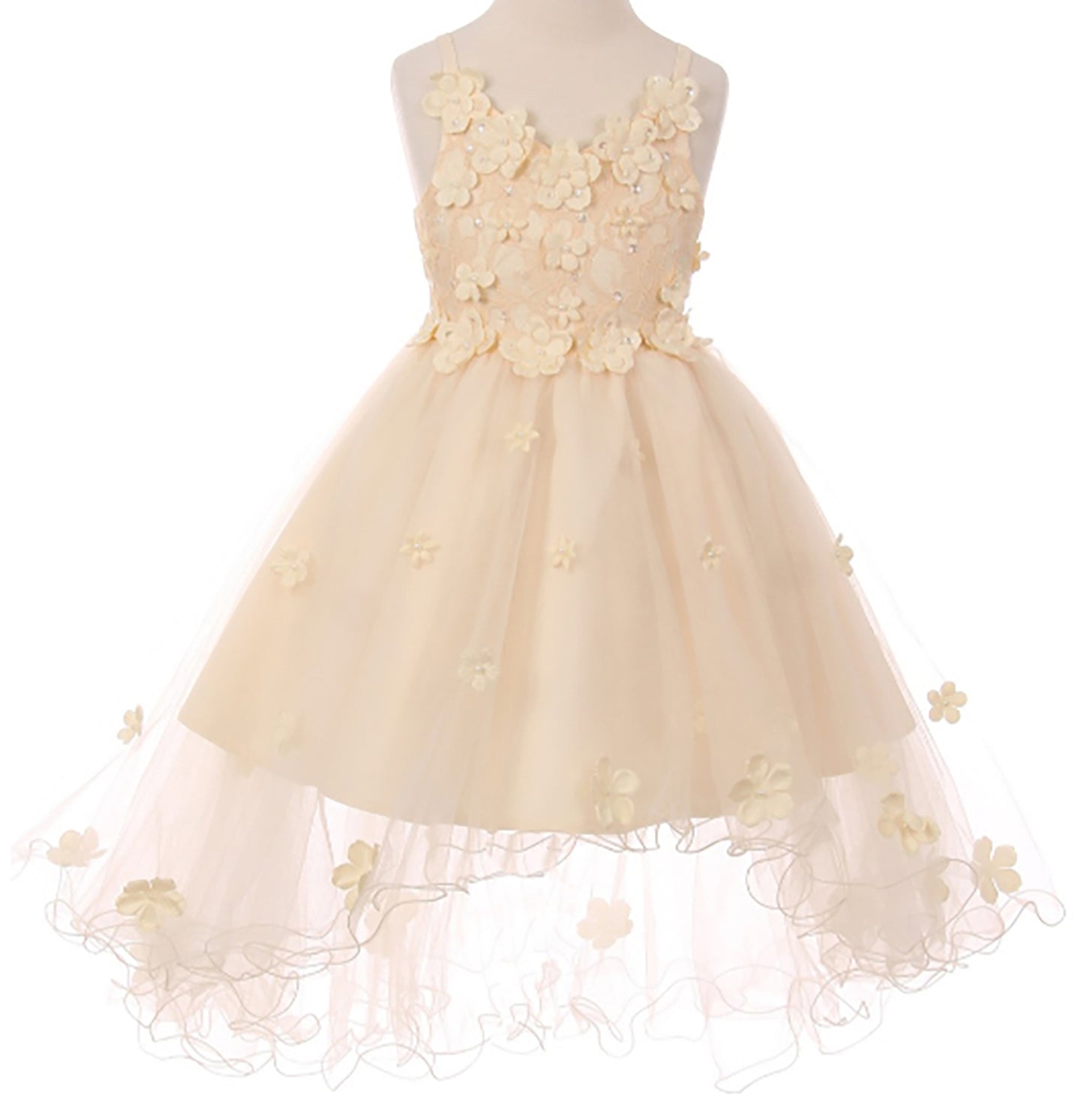 Champagne High-Low Tulle Dress with Embedded 3D Floral Design | Flower Girl Dress - front view of dress showcasing flower pattern